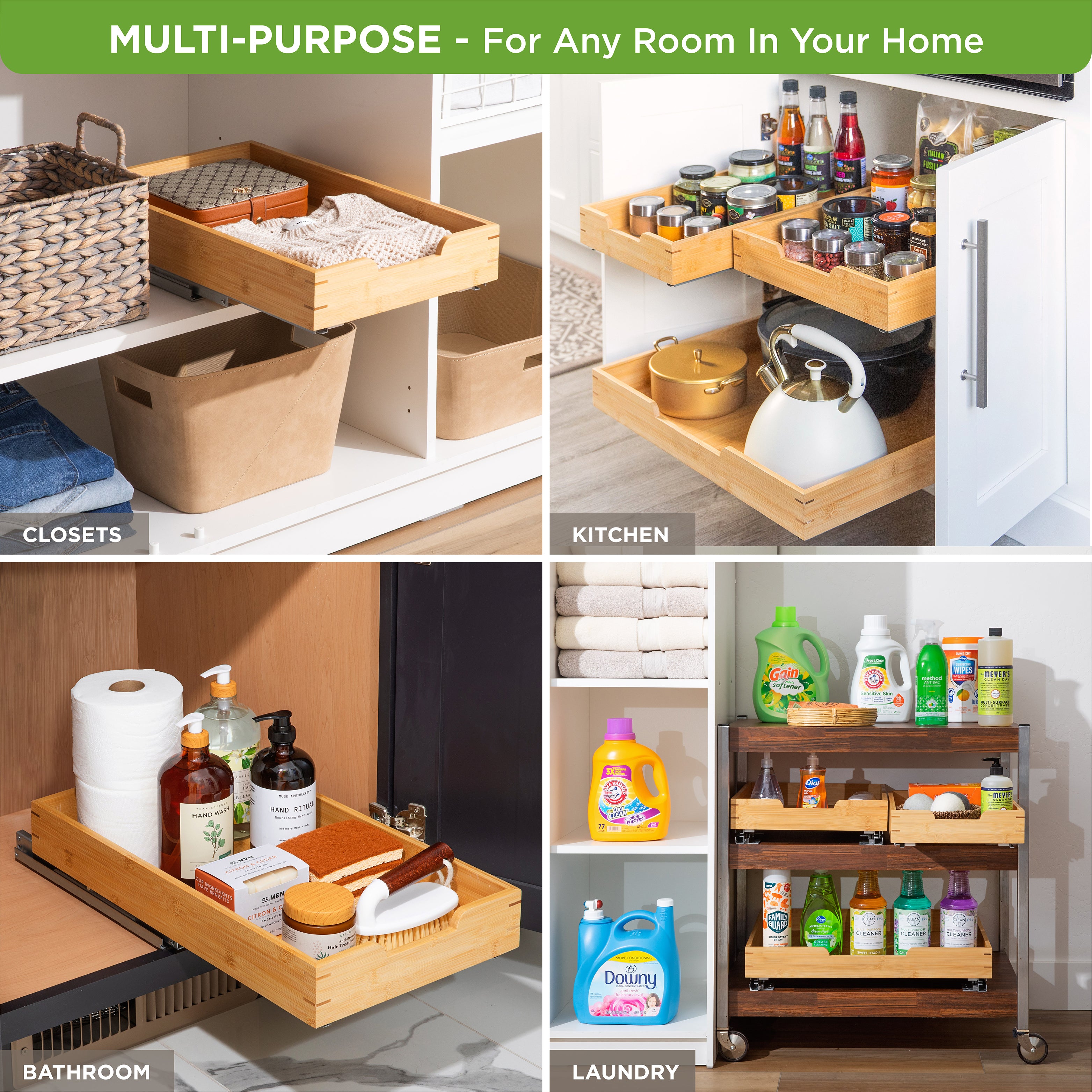 Bamboo Wooden Pull out Cabinet Organizer with Heavy Gauge Metal Rails