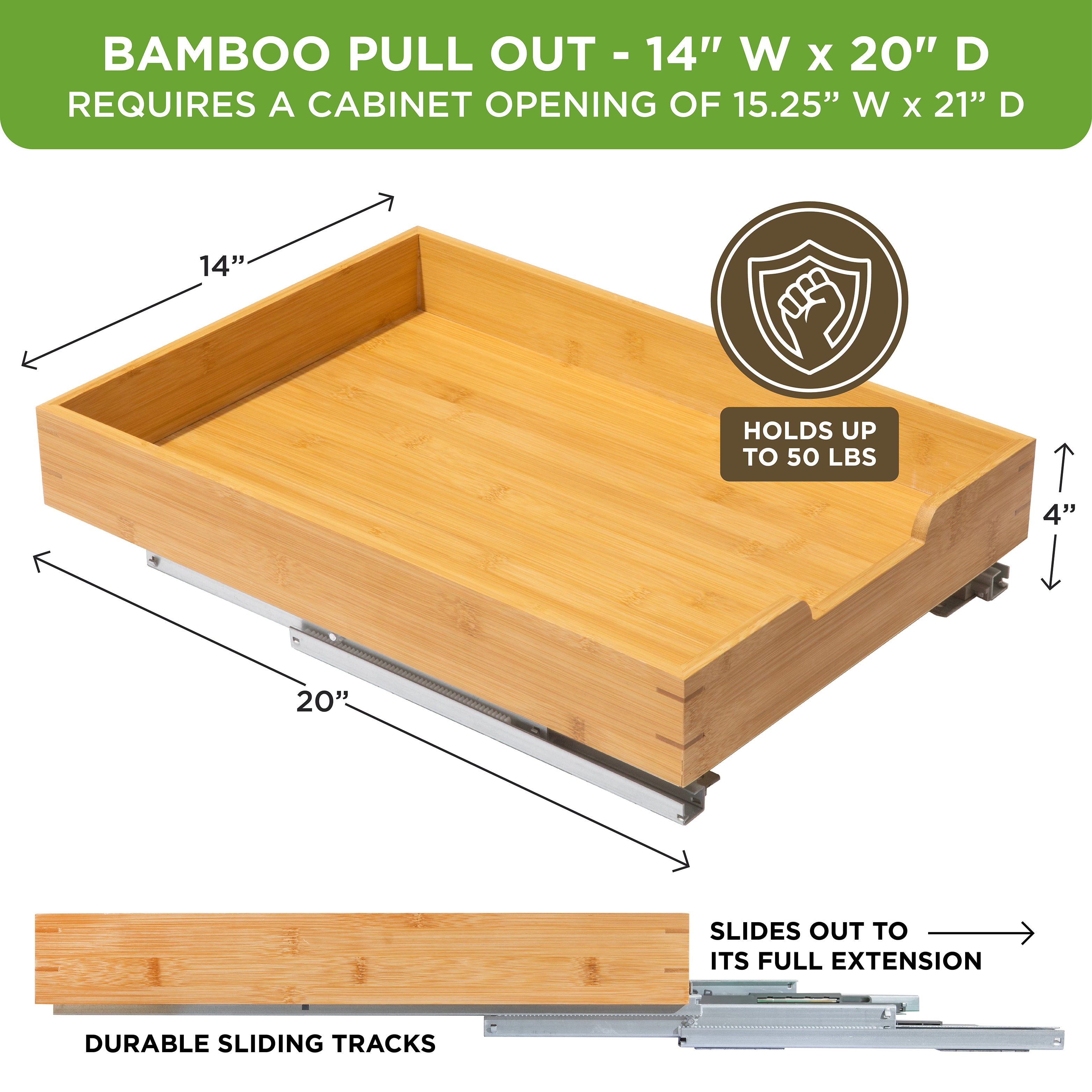 Bamboo Wooden Pull out Cabinet Organizer with Heavy Gauge Metal Rails