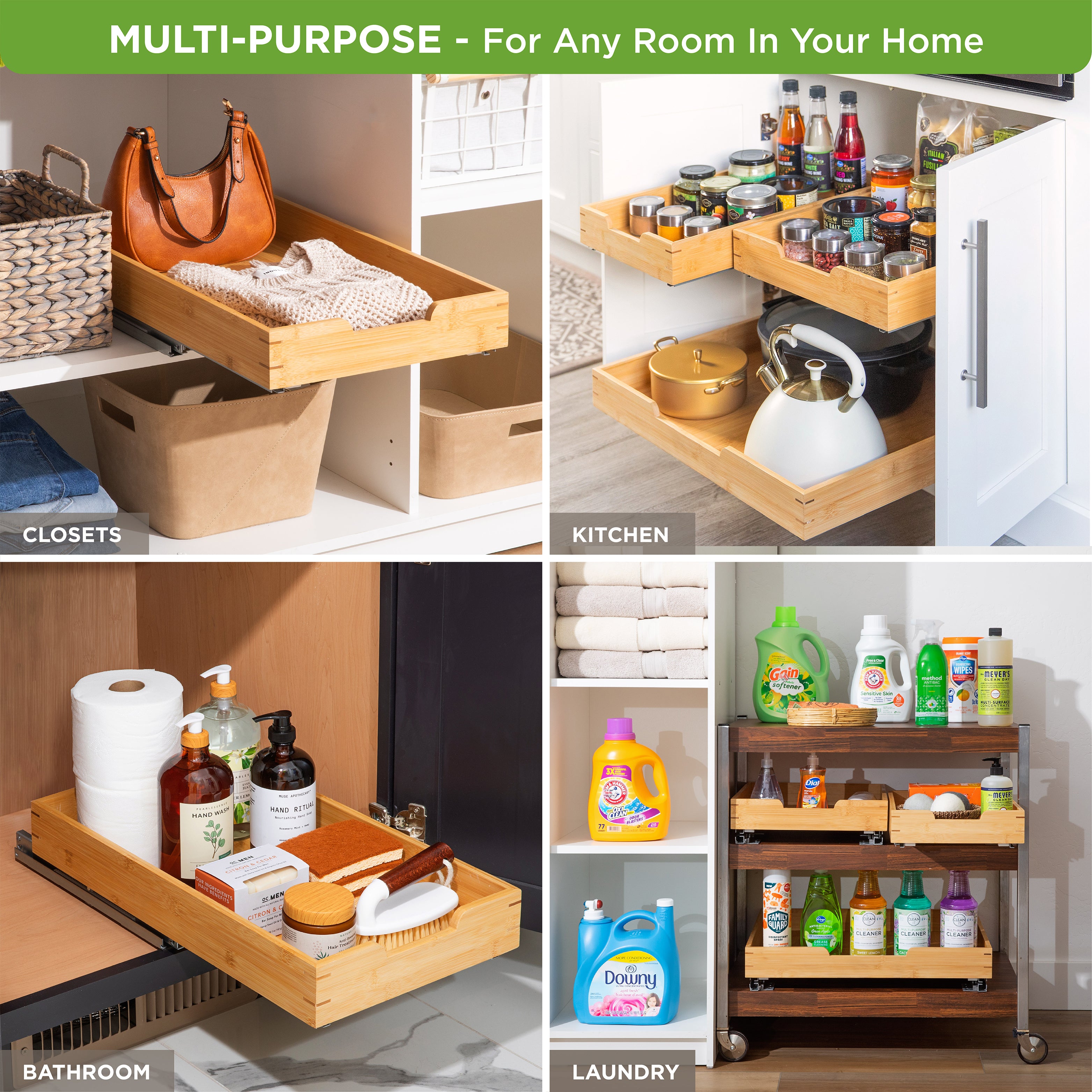 Bamboo Wooden Pull out Cabinet Organizer with Heavy Gauge Metal Rails