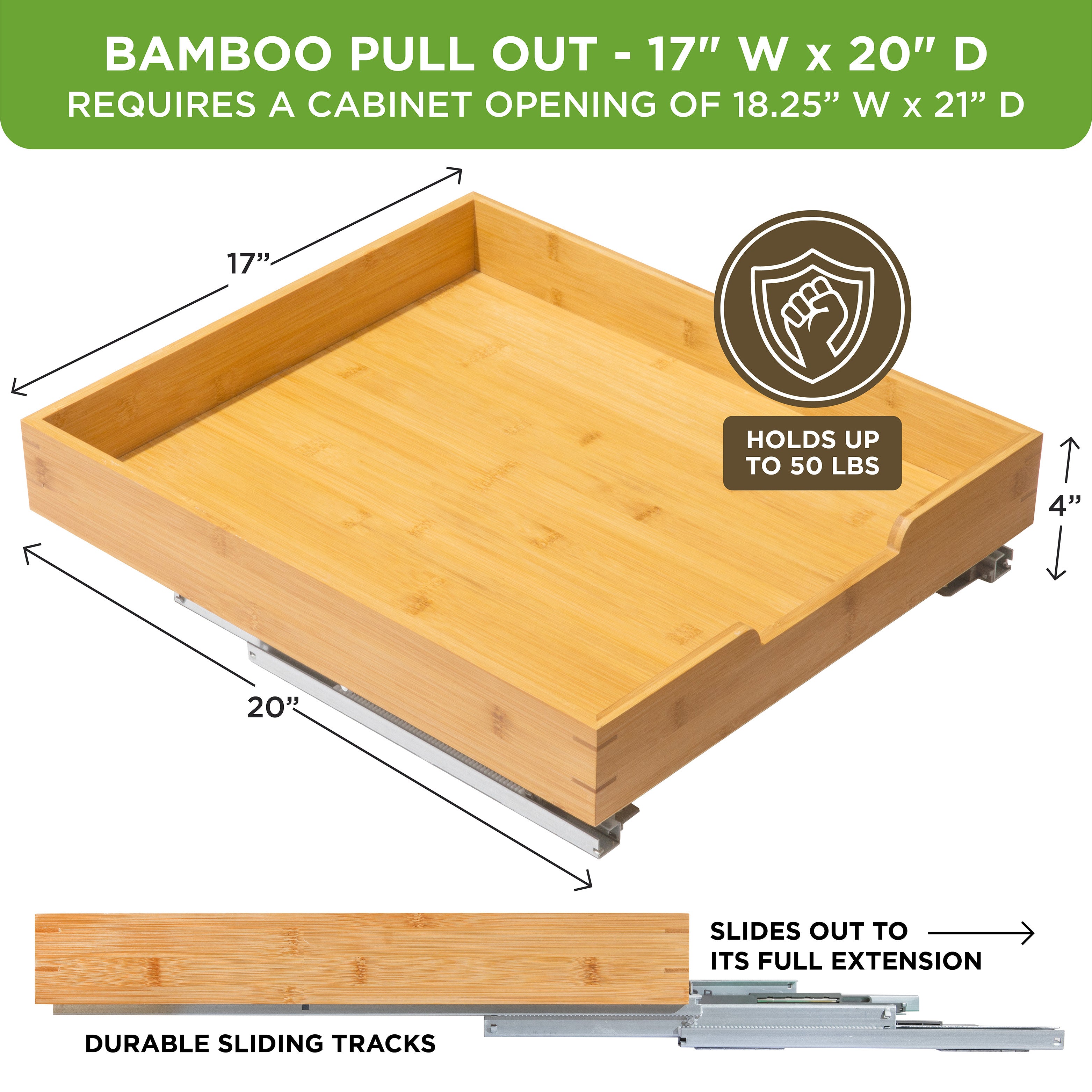 Bamboo Wooden Pull out Cabinet Organizer with Heavy Gauge Metal Rails