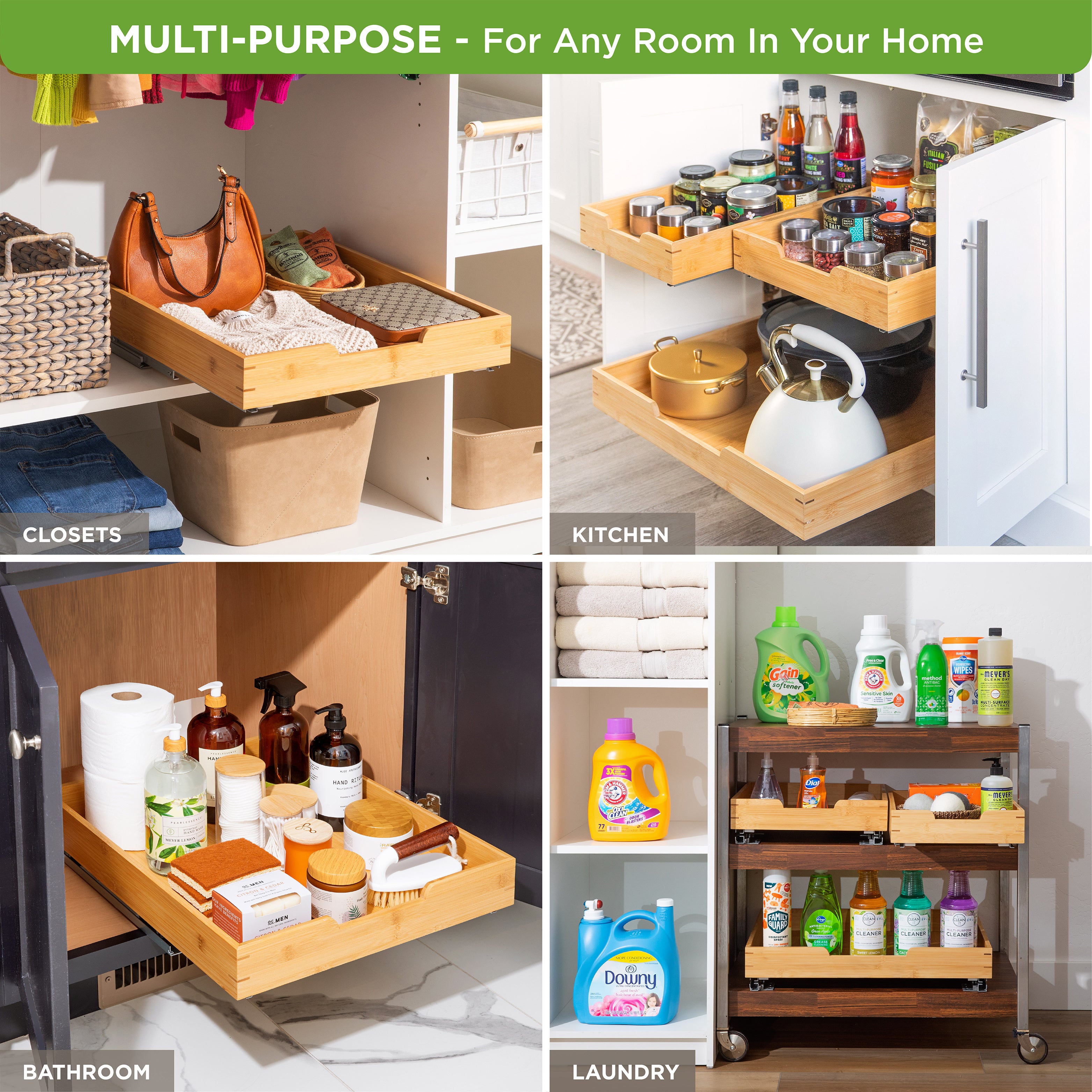 Bamboo Wooden Pull out Cabinet Organizer with Heavy Gauge Metal Rails