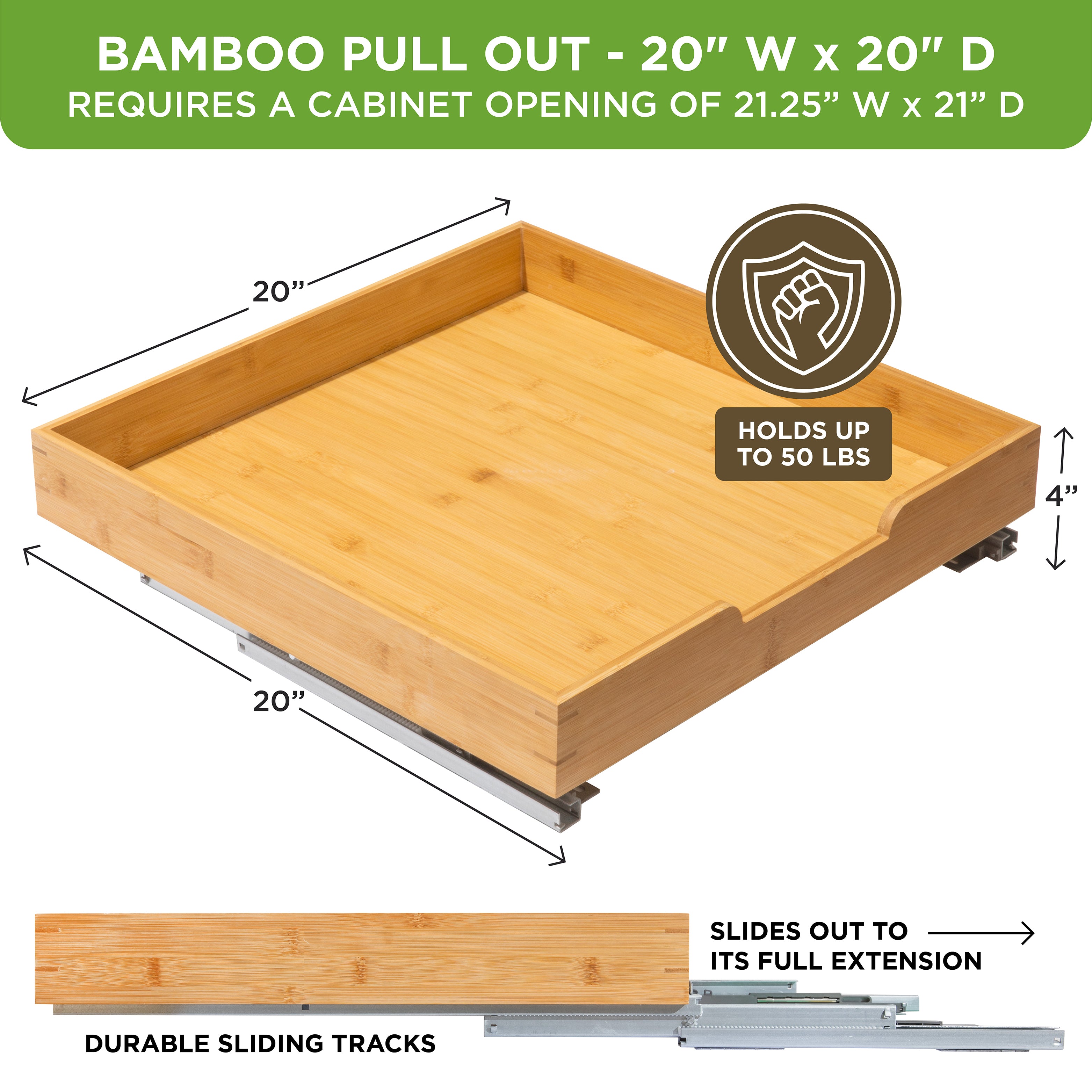 Bamboo Wooden Pull out Cabinet Organizer with Heavy Gauge Metal Rails