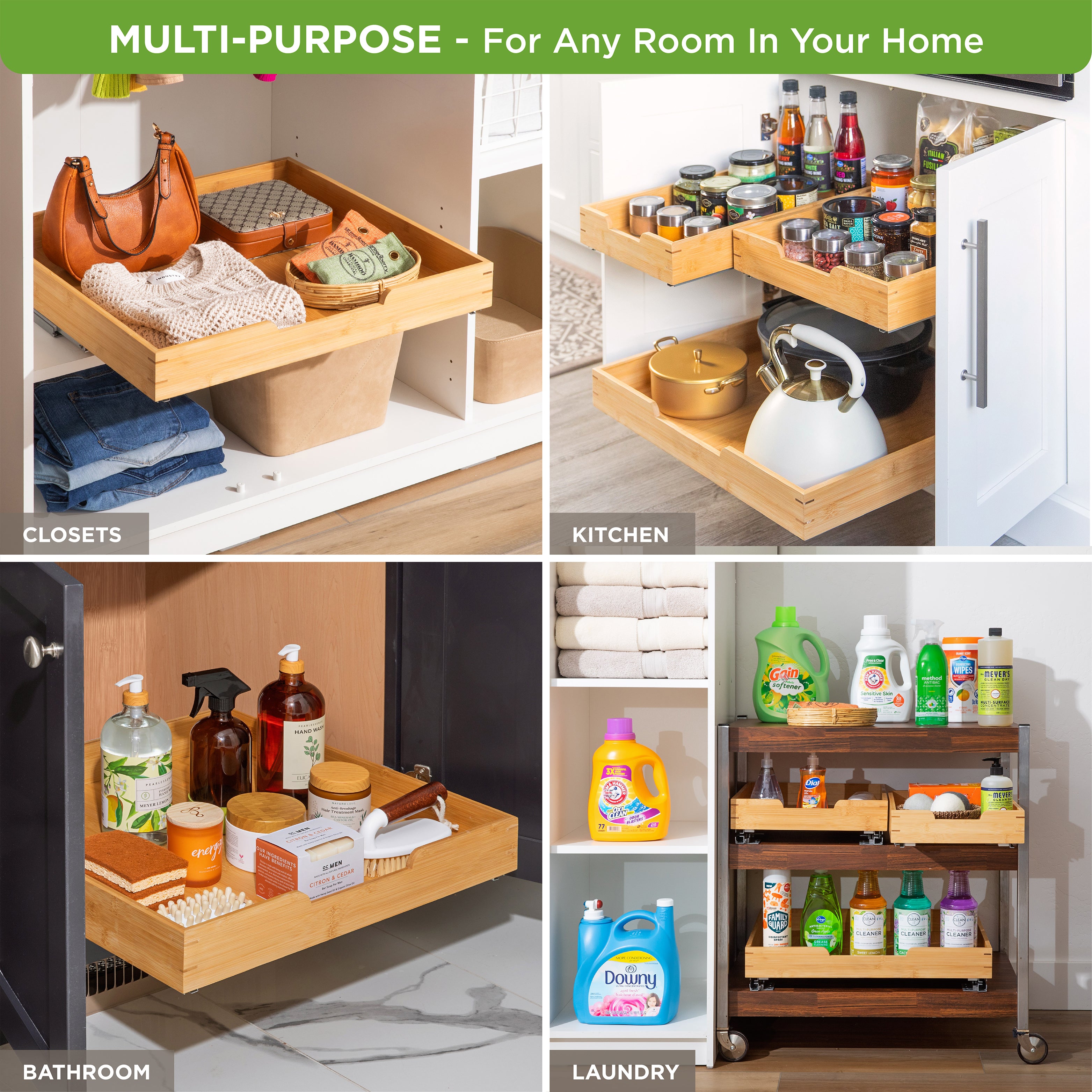Bamboo Wooden Pull out Cabinet Organizer with Heavy Gauge Metal Rails