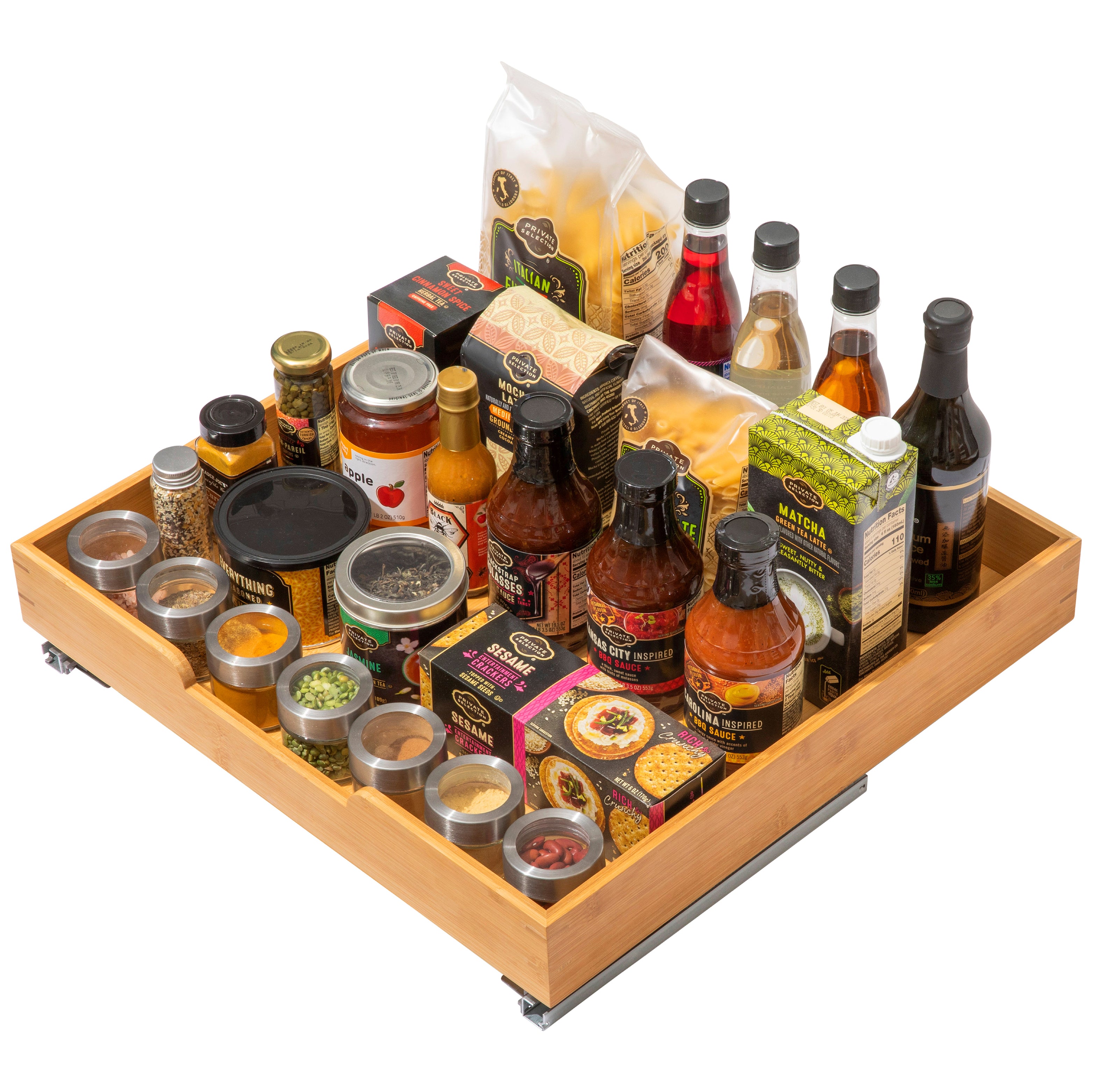Bamboo Wooden Pull out Cabinet Organizer with Heavy Gauge Metal Rails