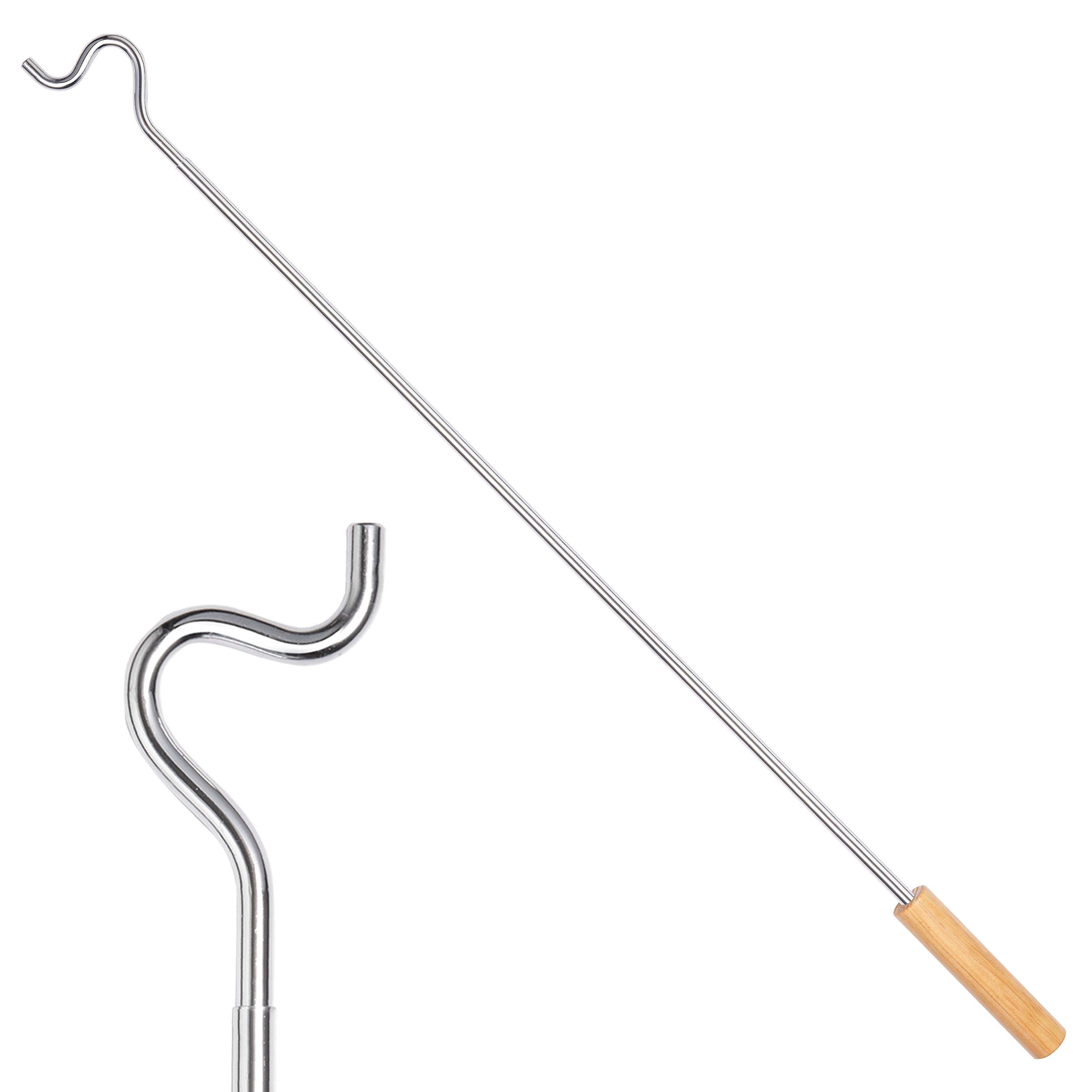 Closet Reacher Pole with Hook and Wooden Handle, Heavy Duty - Adjustable 2.75 – 5 Feet, Chrome Plated Steel Clothing Hanger Shepherds Hook to Easily Reach Clothes etc. - Perfect for College Dorm
