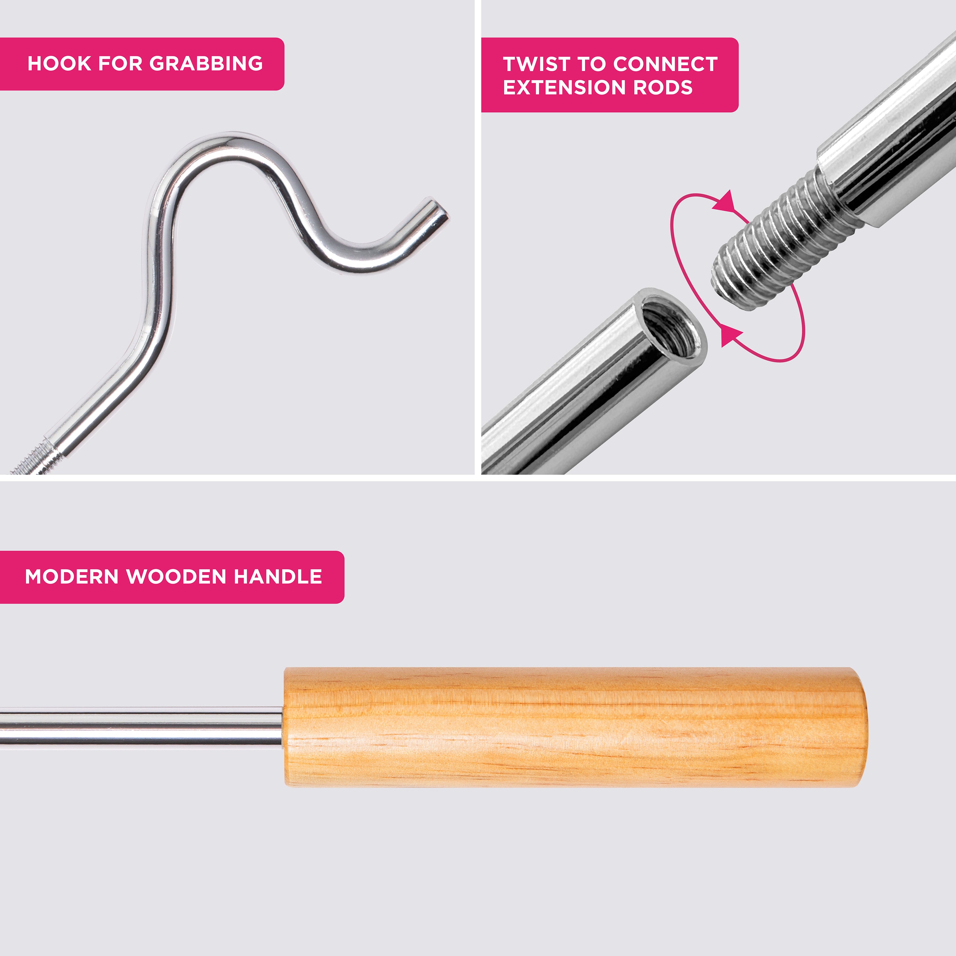 Closet Reacher Pole with Hook and Wooden Handle, Heavy Duty - Adjustable 2.75 – 5 Feet, Chrome Plated Steel Clothing Hanger Shepherds Hook to Easily Reach Clothes etc. - Perfect for College Dorm