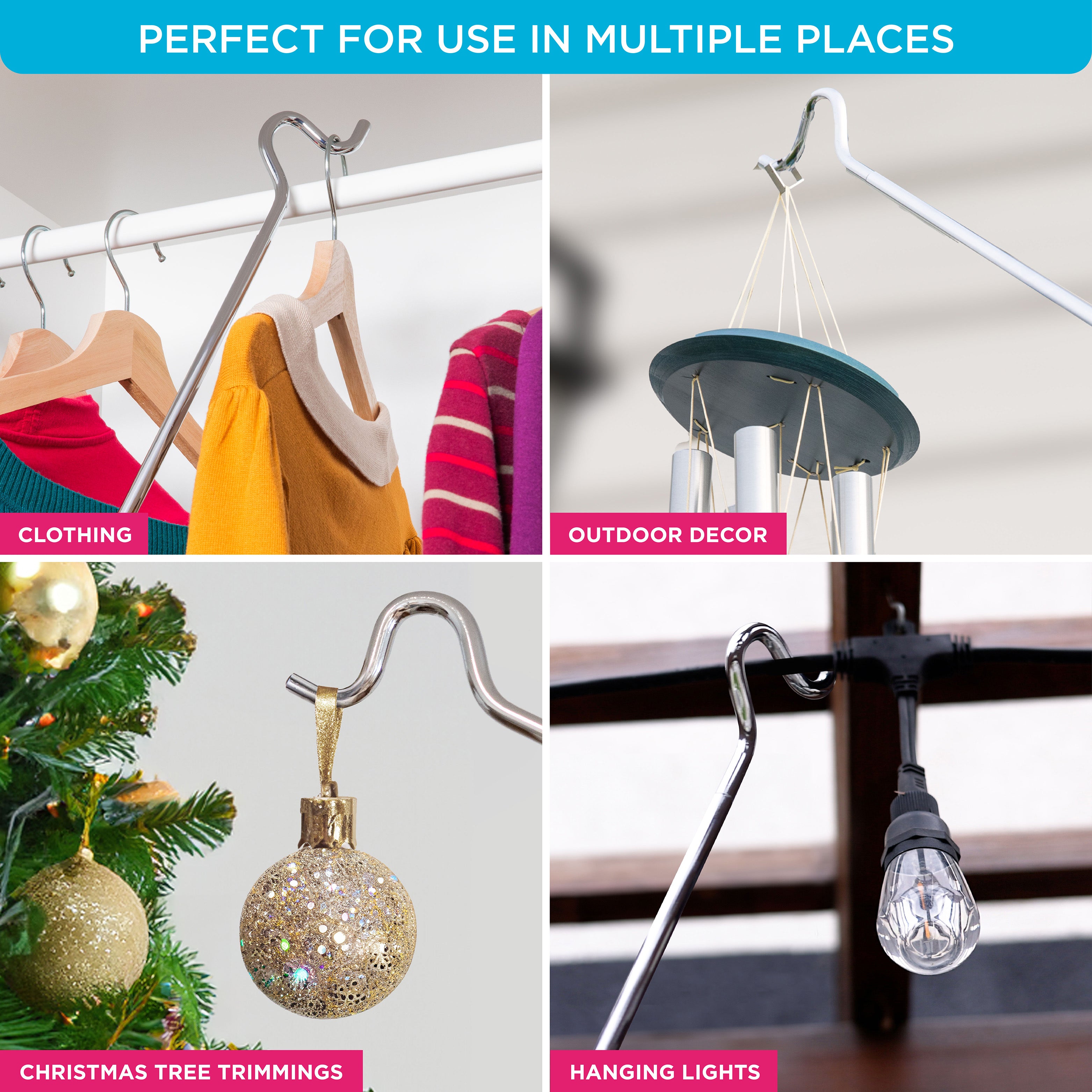 Closet Reacher Pole with Hook and Wooden Handle, Heavy Duty - Adjustable 2.75 – 5 Feet, Chrome Plated Steel Clothing Hanger Shepherds Hook to Easily Reach Clothes etc. - Perfect for College Dorm