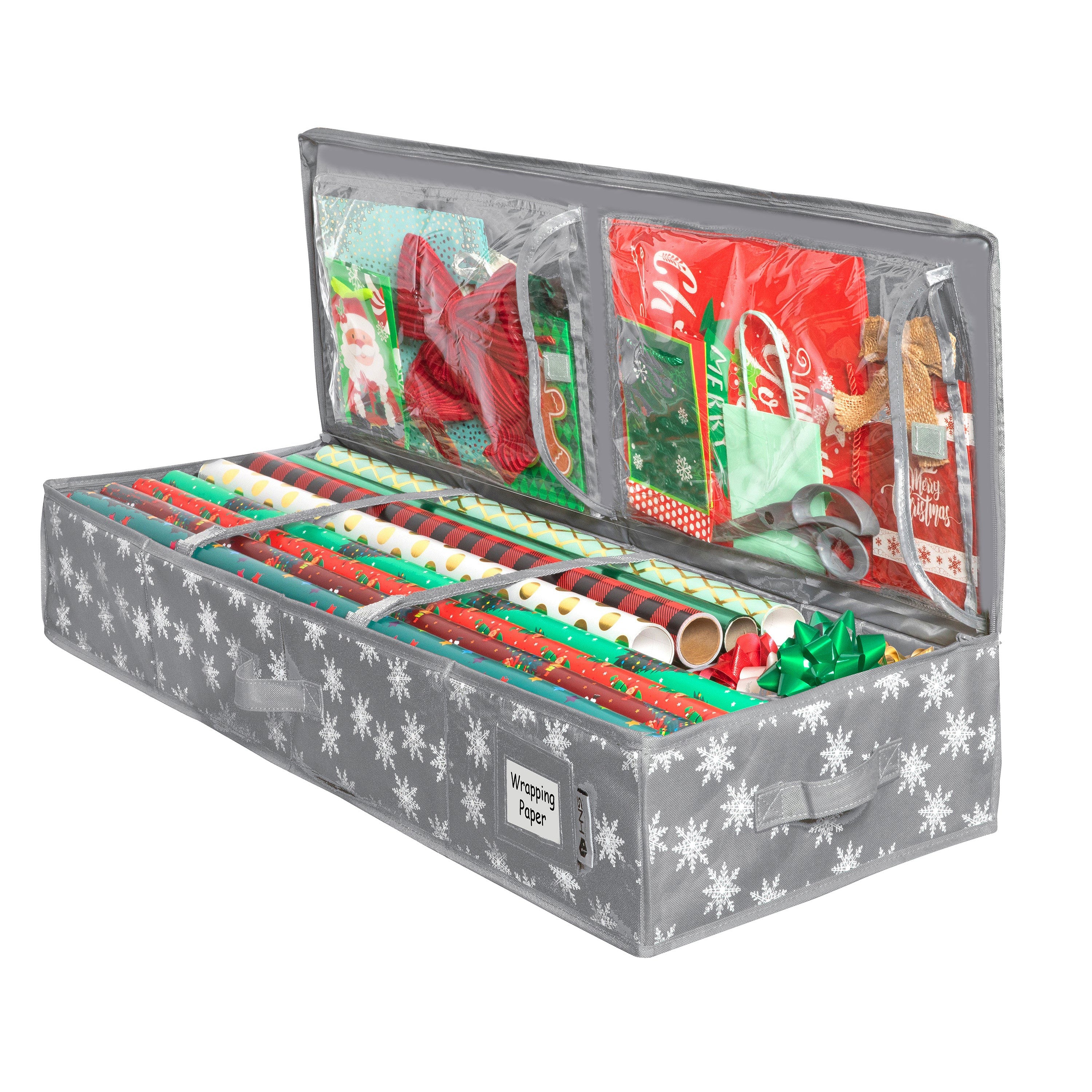 Premium Wrapping Paper Storage Container -Durable Material 600D tear-proof - Fits up to 27 Paper Rolls -Extra Pockets for Ribbons & Bows. Underbed Gift Wrap Organizer, Ideal for Holiday Christmas, etc