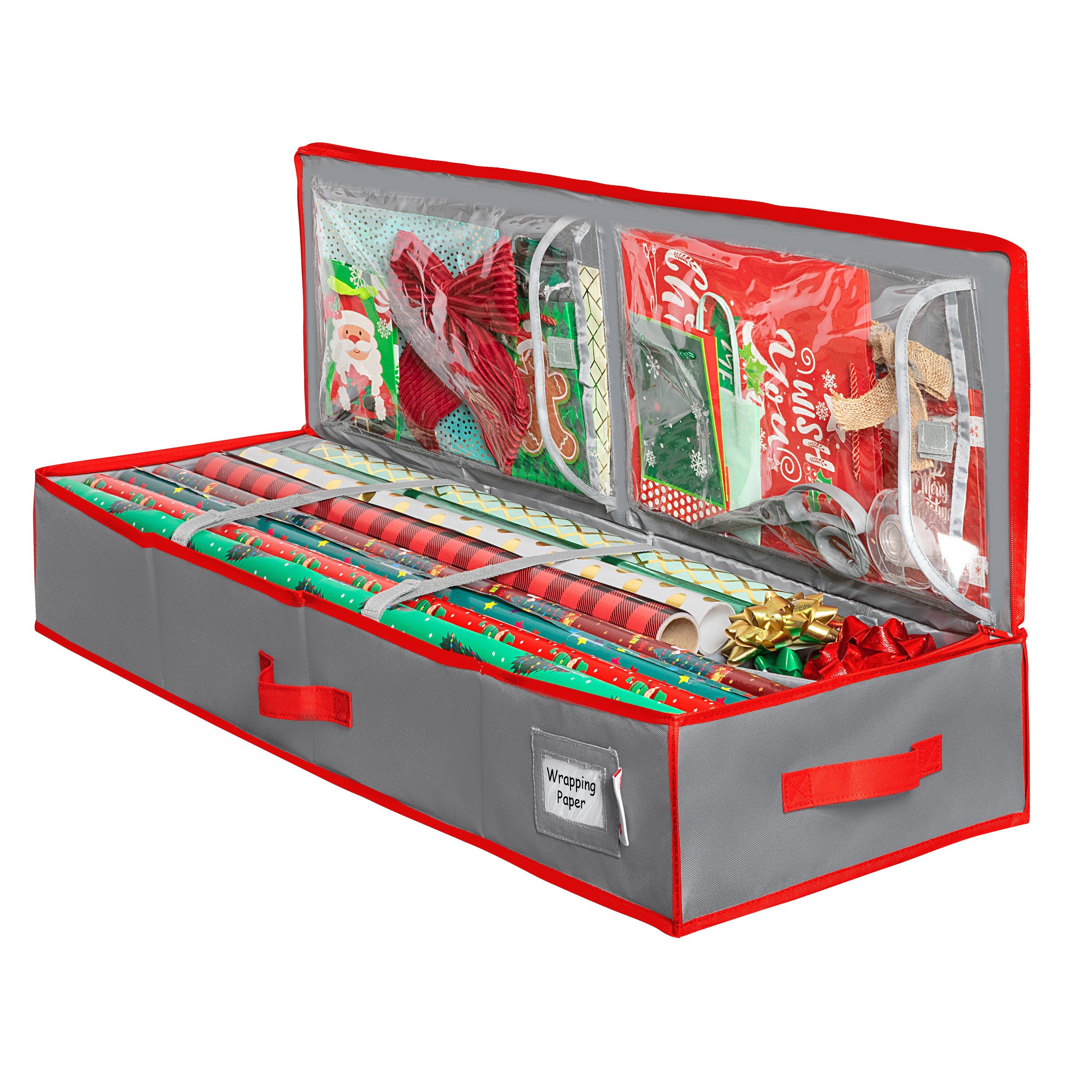 Premium Wrapping Paper Storage Container -Durable Material 600D tear-proof - Fits up to 27 Paper Rolls -Extra Pockets for Ribbons & Bows. Underbed Gift Wrap Organizer, Ideal for Holiday Christmas, etc