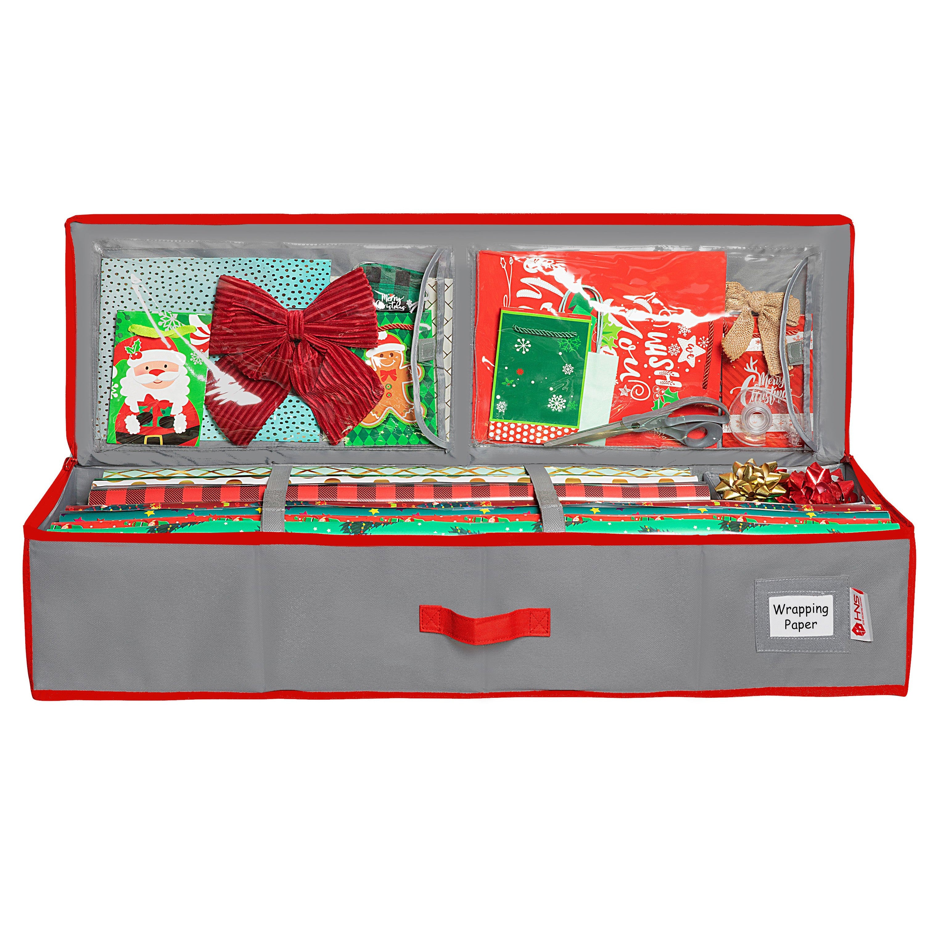 Premium Wrapping Paper Storage Container -Durable Material 600D tear-proof - Fits up to 27 Paper Rolls -Extra Pockets for Ribbons & Bows. Underbed Gift Wrap Organizer, Ideal for Holiday Christmas, etc