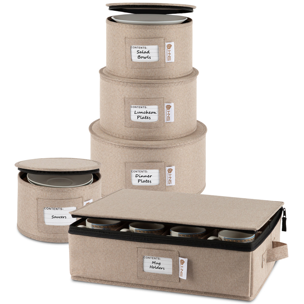 Hard Shell China Storage Containers 5-Piece Set Moving Boxes for Dinnerware, Glasses, Plates, Mugs and Saucers Sturdy Dish Organizer with Dividers for Seasonal Storage - Service for 12