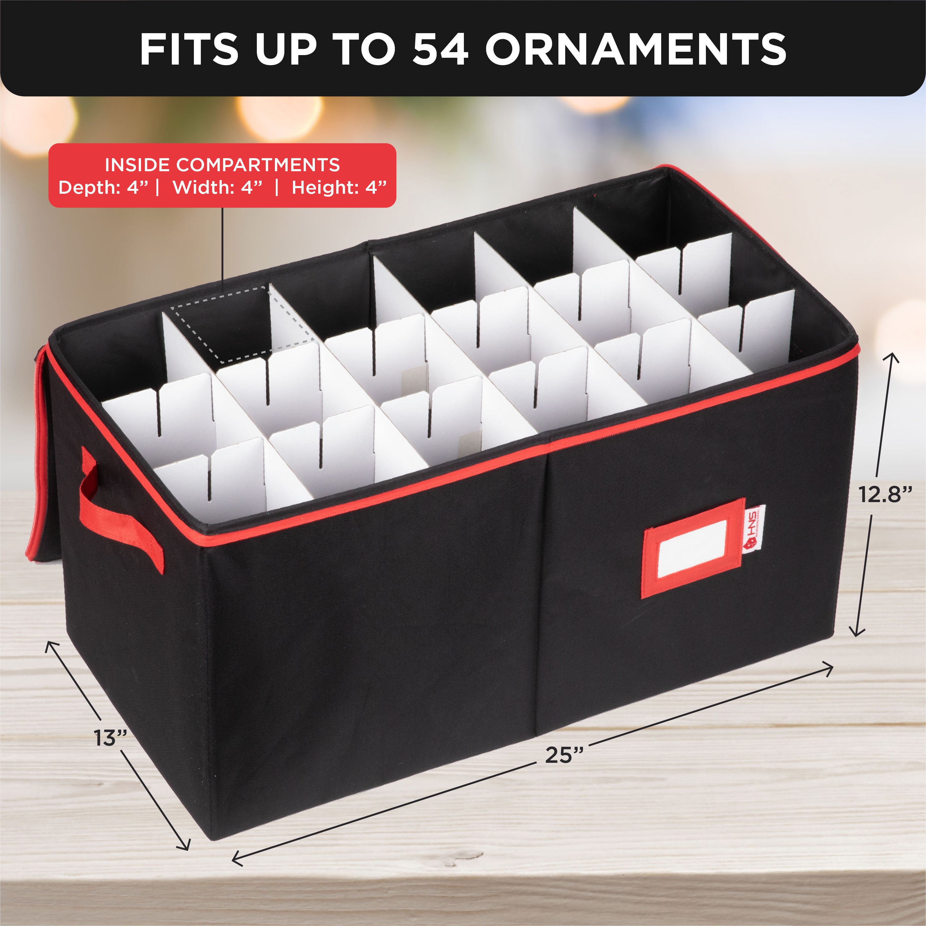 Christmas Ornament Storage Container with Dividers -Box Stores Up to 54 - 4" Ornaments, Convenient, Adjustable, Zippered, Heavy Duty 600D, Large Bin