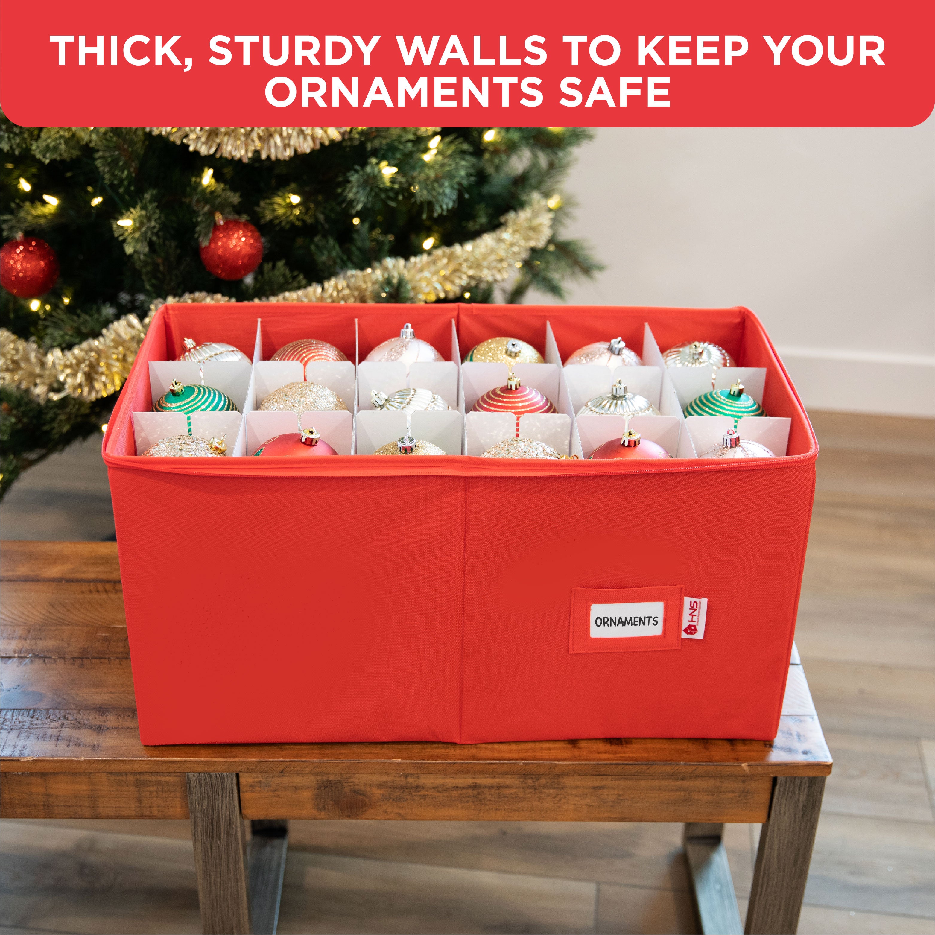 Christmas Ornament Storage Container with Dividers -Box Stores Up to 54 - 4" Ornaments, Convenient, Adjustable, Zippered, Heavy Duty 600D, Large Bin