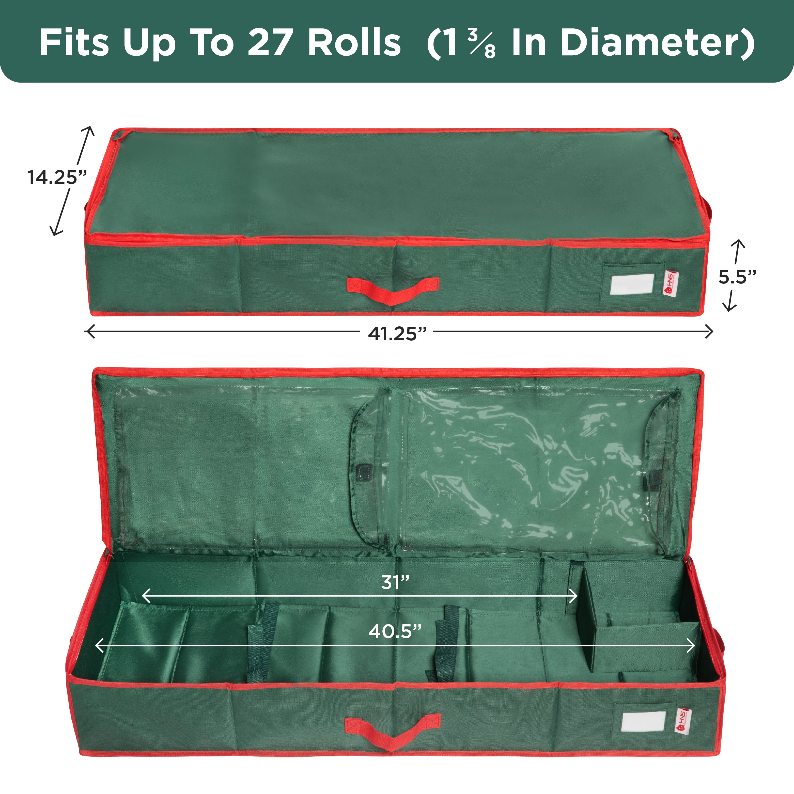 Premium Wrapping Paper Storage Container -Durable Material 600D tear-proof - Fits up to 27 Paper Rolls -Extra Pockets for Ribbons & Bows. Underbed Gift Wrap Organizer, Ideal for Holiday Christmas, etc