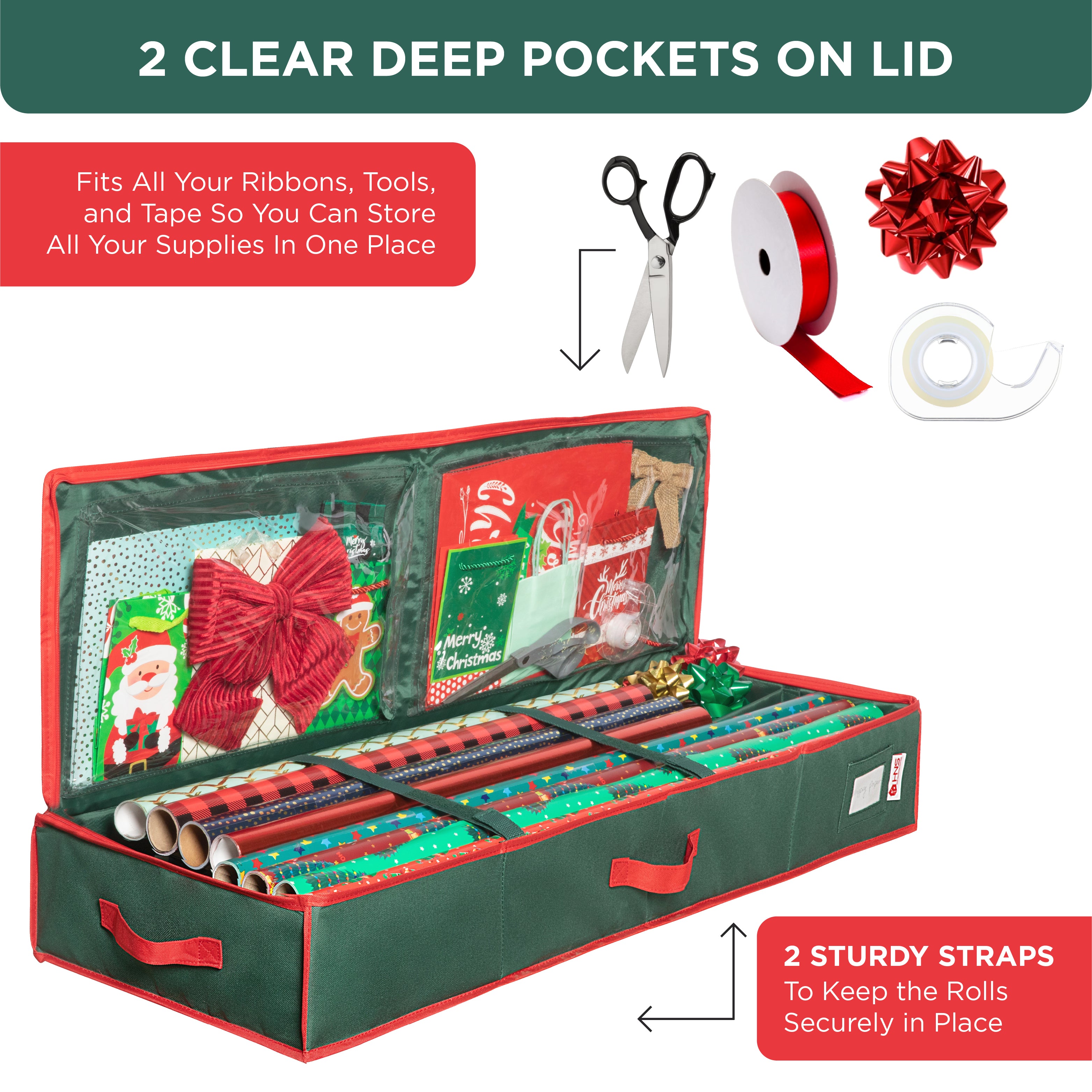 Premium Wrapping Paper Storage Container -Durable Material 600D tear-proof - Fits up to 27 Paper Rolls -Extra Pockets for Ribbons & Bows. Underbed Gift Wrap Organizer, Ideal for Holiday Christmas, etc