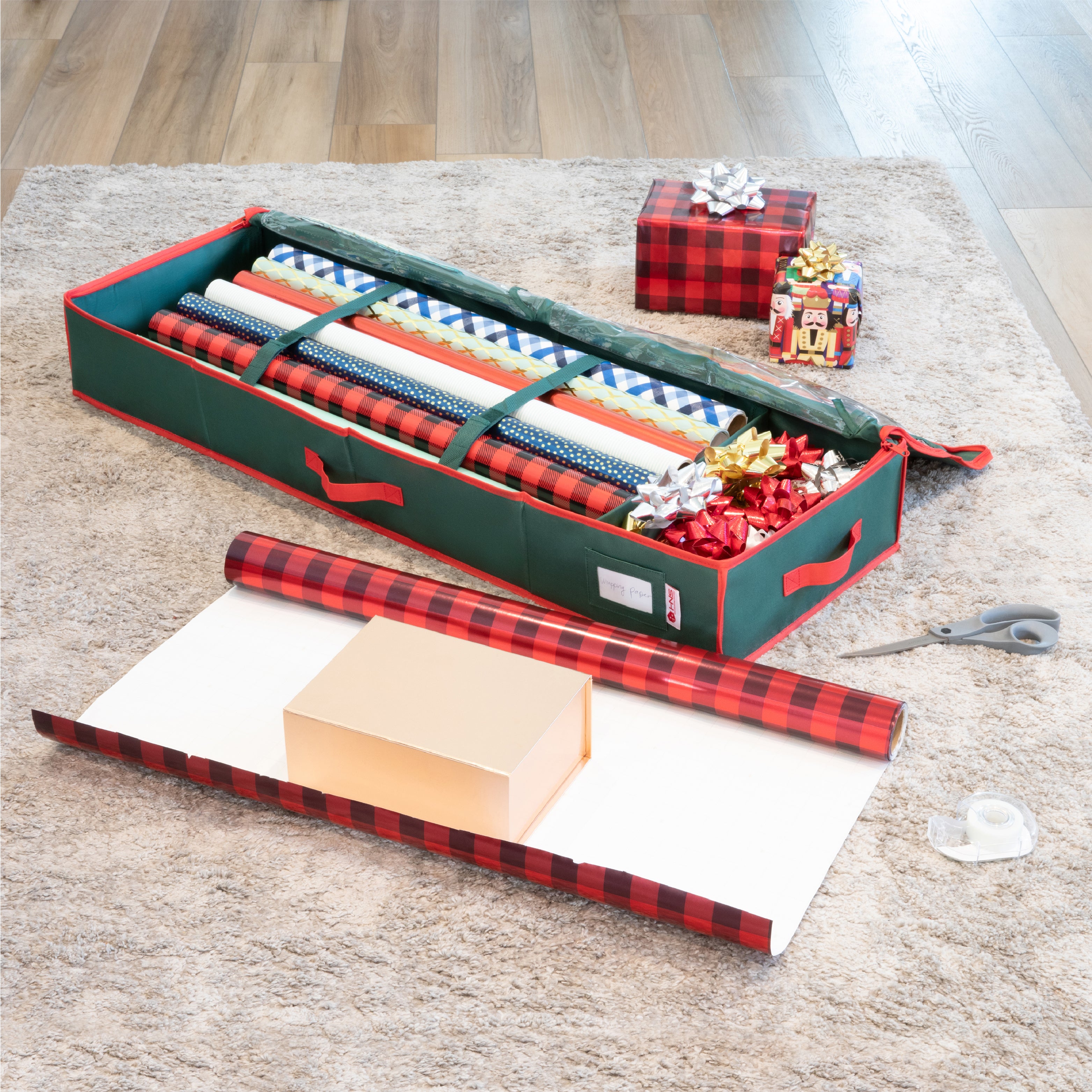 Premium Wrapping Paper Storage Container -Durable Material 600D tear-proof - Fits up to 27 Paper Rolls -Extra Pockets for Ribbons & Bows. Underbed Gift Wrap Organizer, Ideal for Holiday Christmas, etc