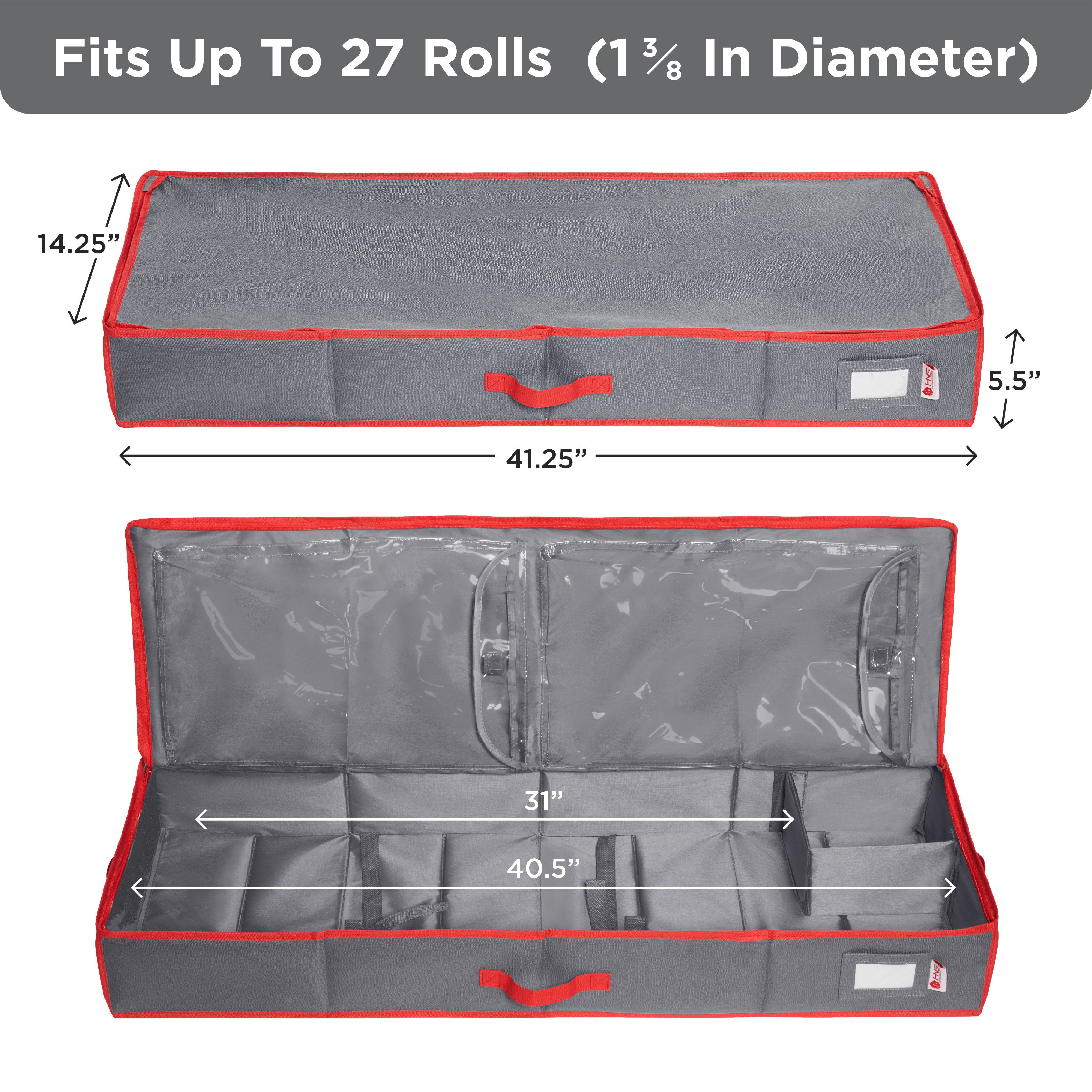 Premium Wrapping Paper Storage Container -Durable Material 600D tear-proof - Fits up to 27 Paper Rolls -Extra Pockets for Ribbons & Bows. Underbed Gift Wrap Organizer, Ideal for Holiday Christmas, etc