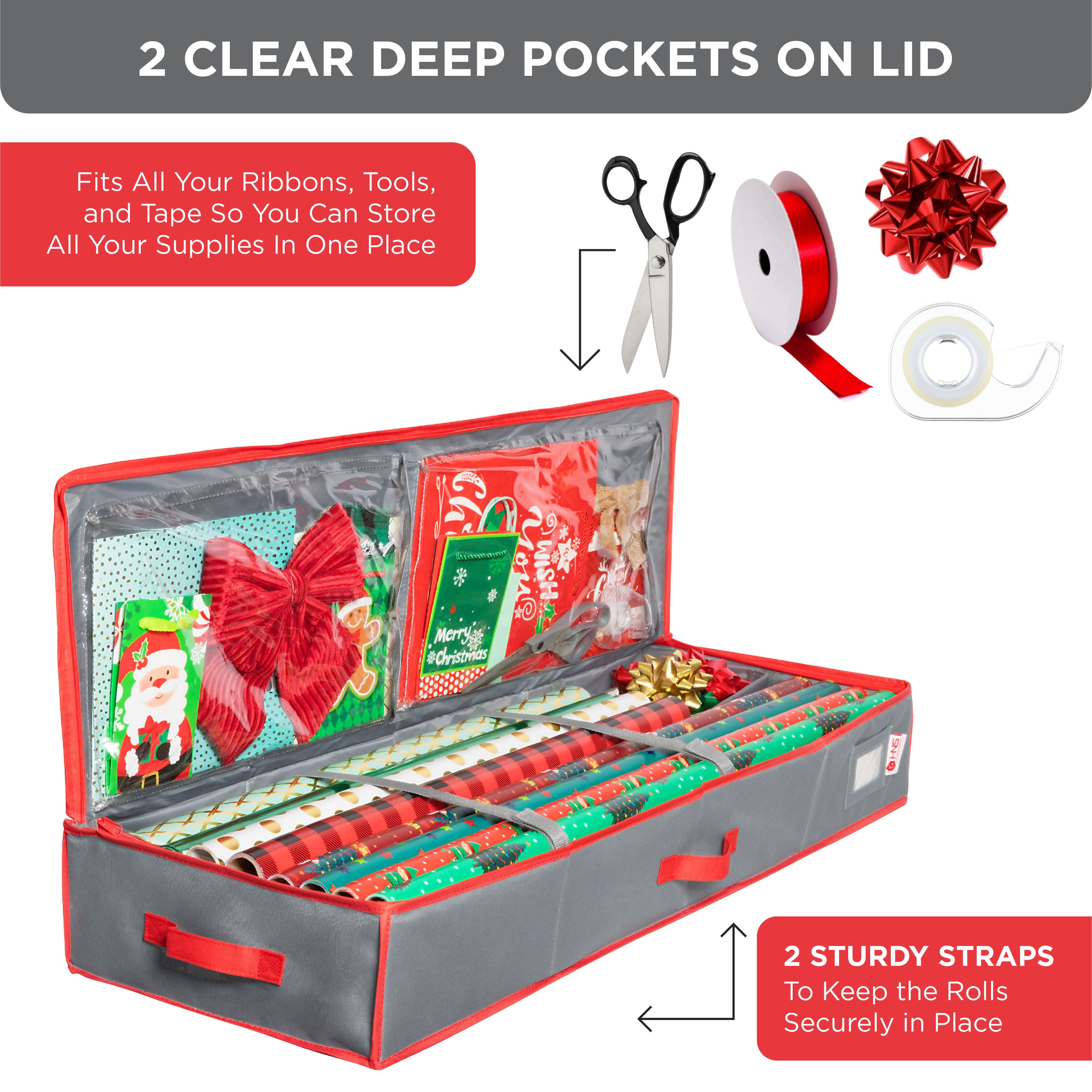 Premium Wrapping Paper Storage Container -Durable Material 600D tear-proof - Fits up to 27 Paper Rolls -Extra Pockets for Ribbons & Bows. Underbed Gift Wrap Organizer, Ideal for Holiday Christmas, etc