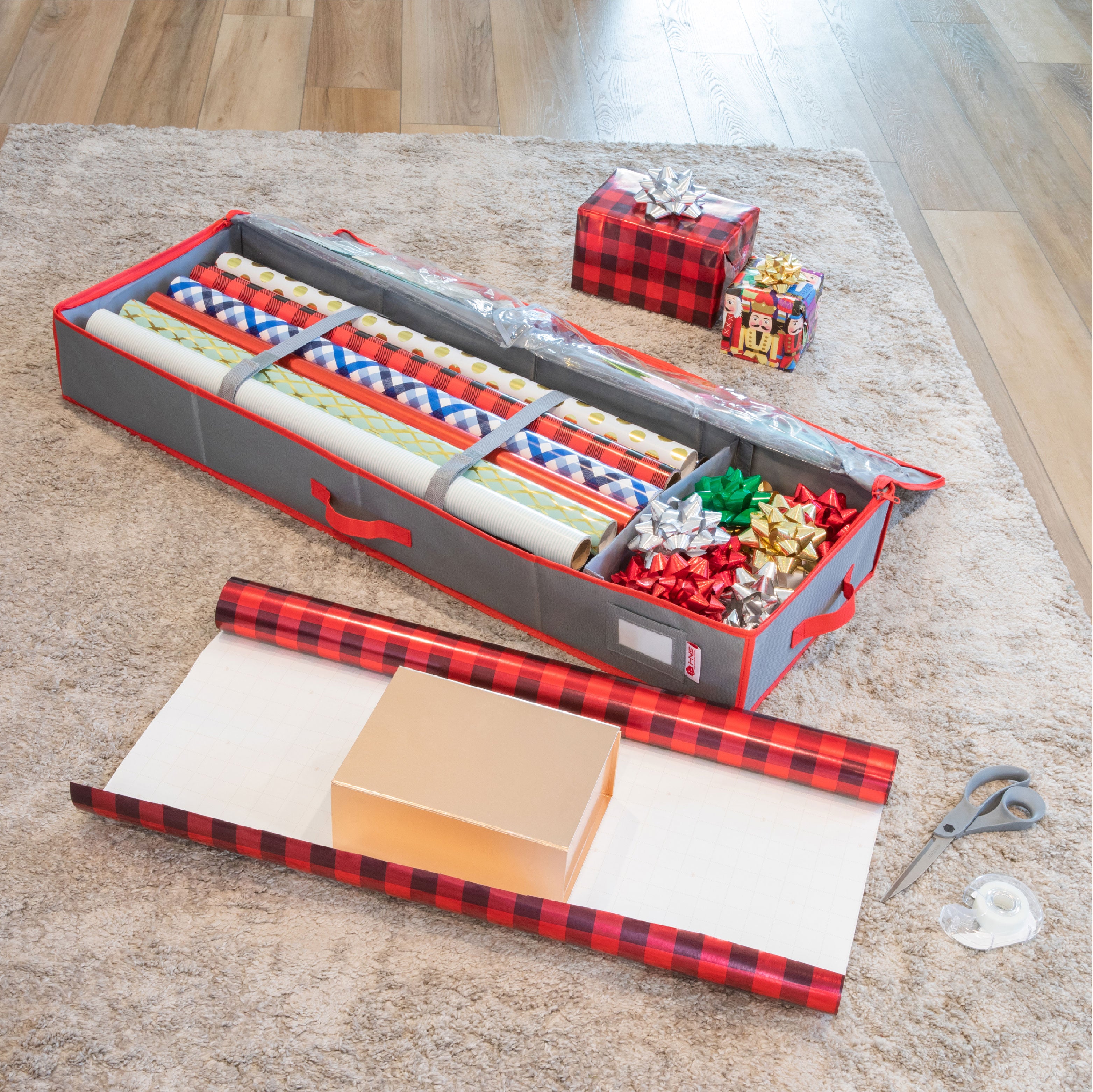 Premium Wrapping Paper Storage Container -Durable Material 600D tear-proof - Fits up to 27 Paper Rolls -Extra Pockets for Ribbons & Bows. Underbed Gift Wrap Organizer, Ideal for Holiday Christmas, etc