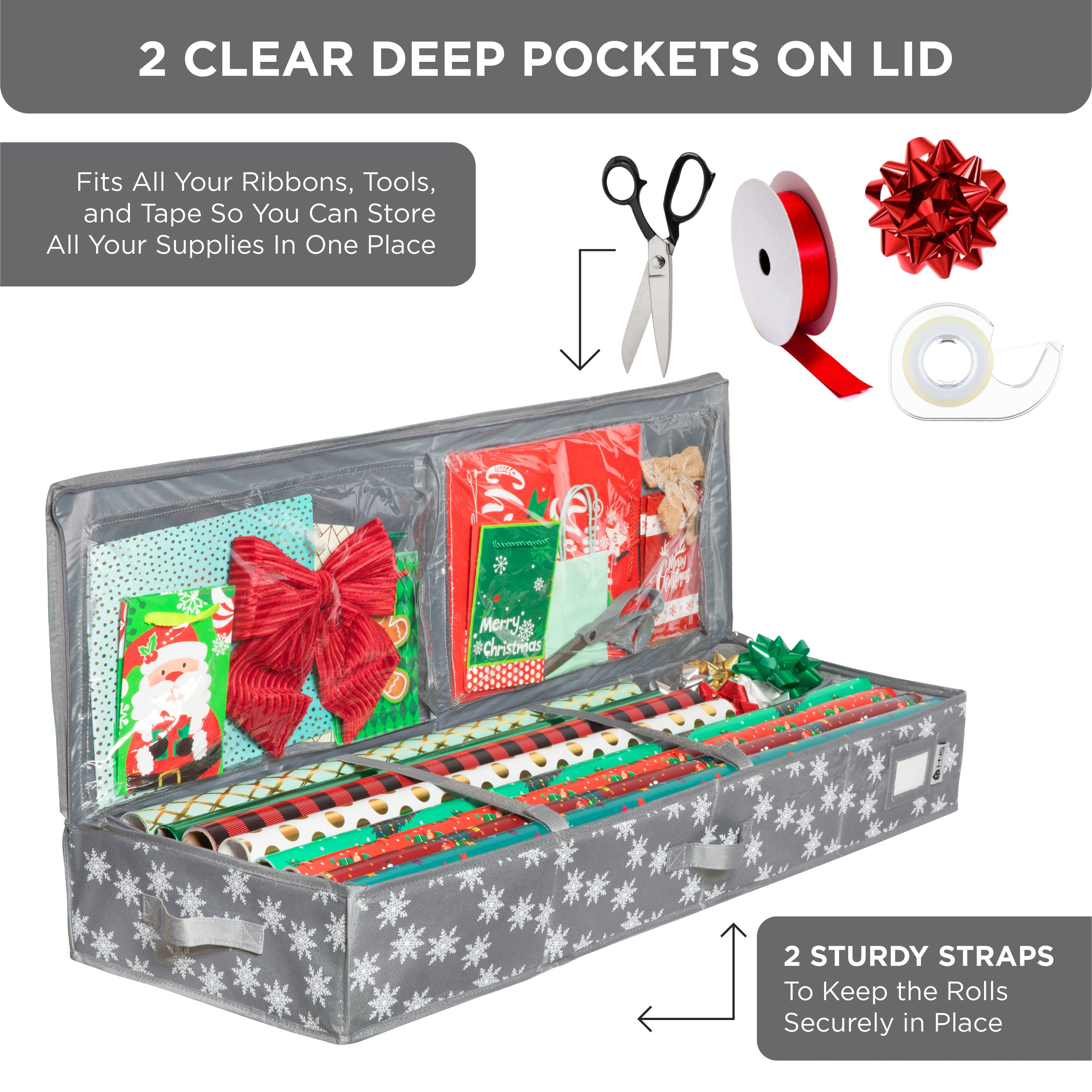 Premium Wrapping Paper Storage Container -Durable Material 600D tear-proof - Fits up to 27 Paper Rolls -Extra Pockets for Ribbons & Bows. Underbed Gift Wrap Organizer, Ideal for Holiday Christmas, etc