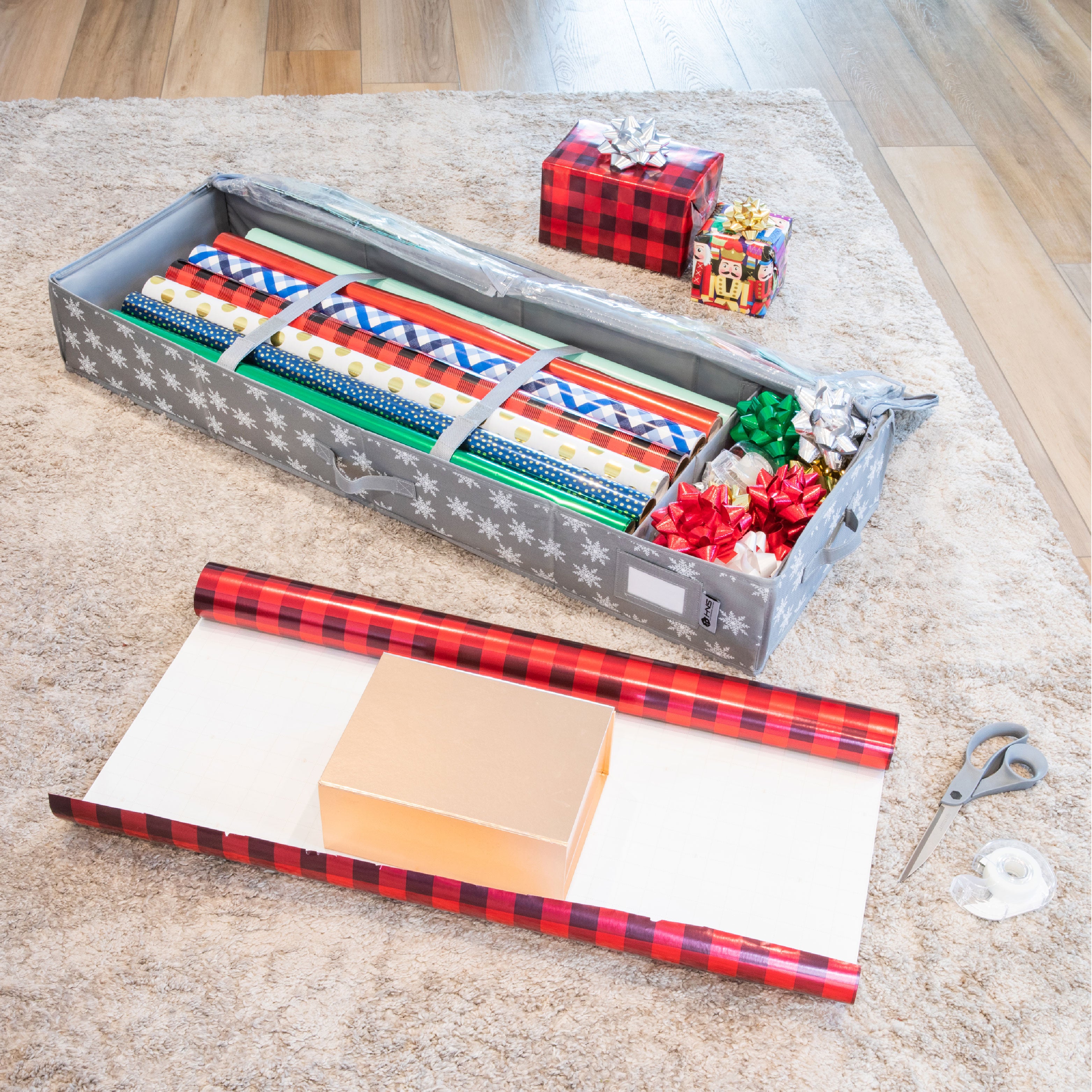 Premium Wrapping Paper Storage Container -Durable Material 600D tear-proof - Fits up to 27 Paper Rolls -Extra Pockets for Ribbons & Bows. Underbed Gift Wrap Organizer, Ideal for Holiday Christmas, etc