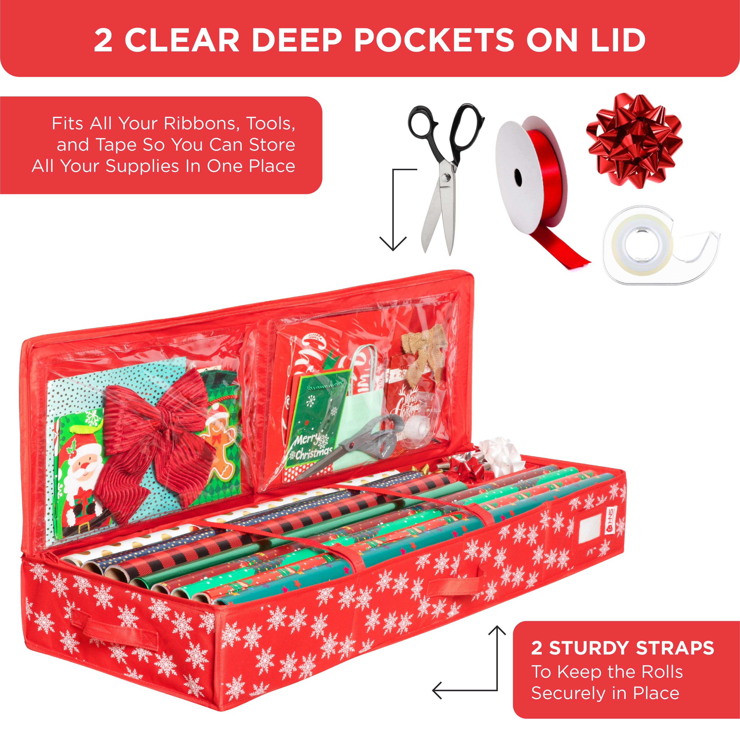 Premium Wrapping Paper Storage Container -Durable Material 600D tear-proof - Fits up to 27 Paper Rolls -Extra Pockets for Ribbons & Bows. Underbed Gift Wrap Organizer, Ideal for Holiday Christmas, etc