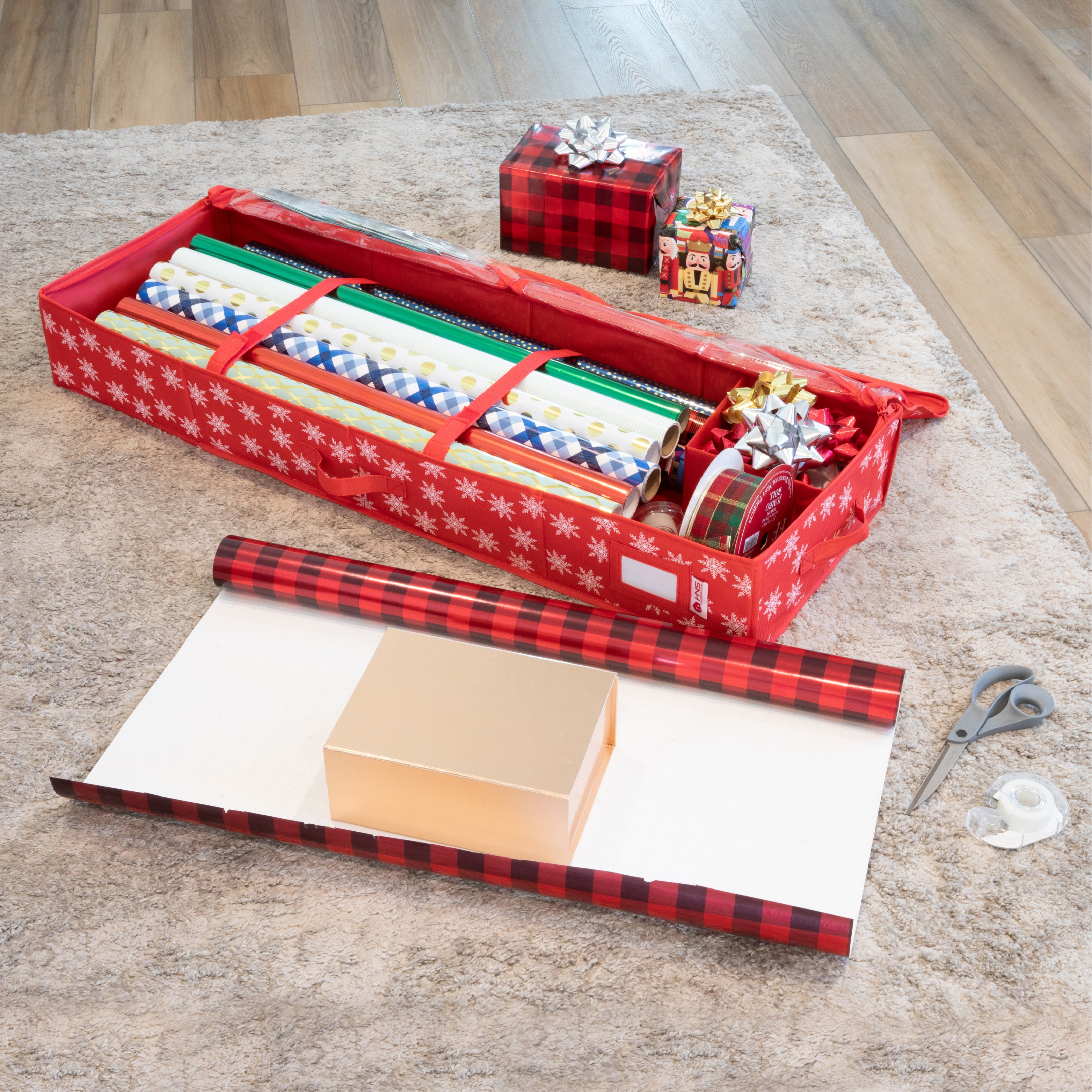 Premium Wrapping Paper Storage Container -Durable Material 600D tear-proof - Fits up to 27 Paper Rolls -Extra Pockets for Ribbons & Bows. Underbed Gift Wrap Organizer, Ideal for Holiday Christmas, etc