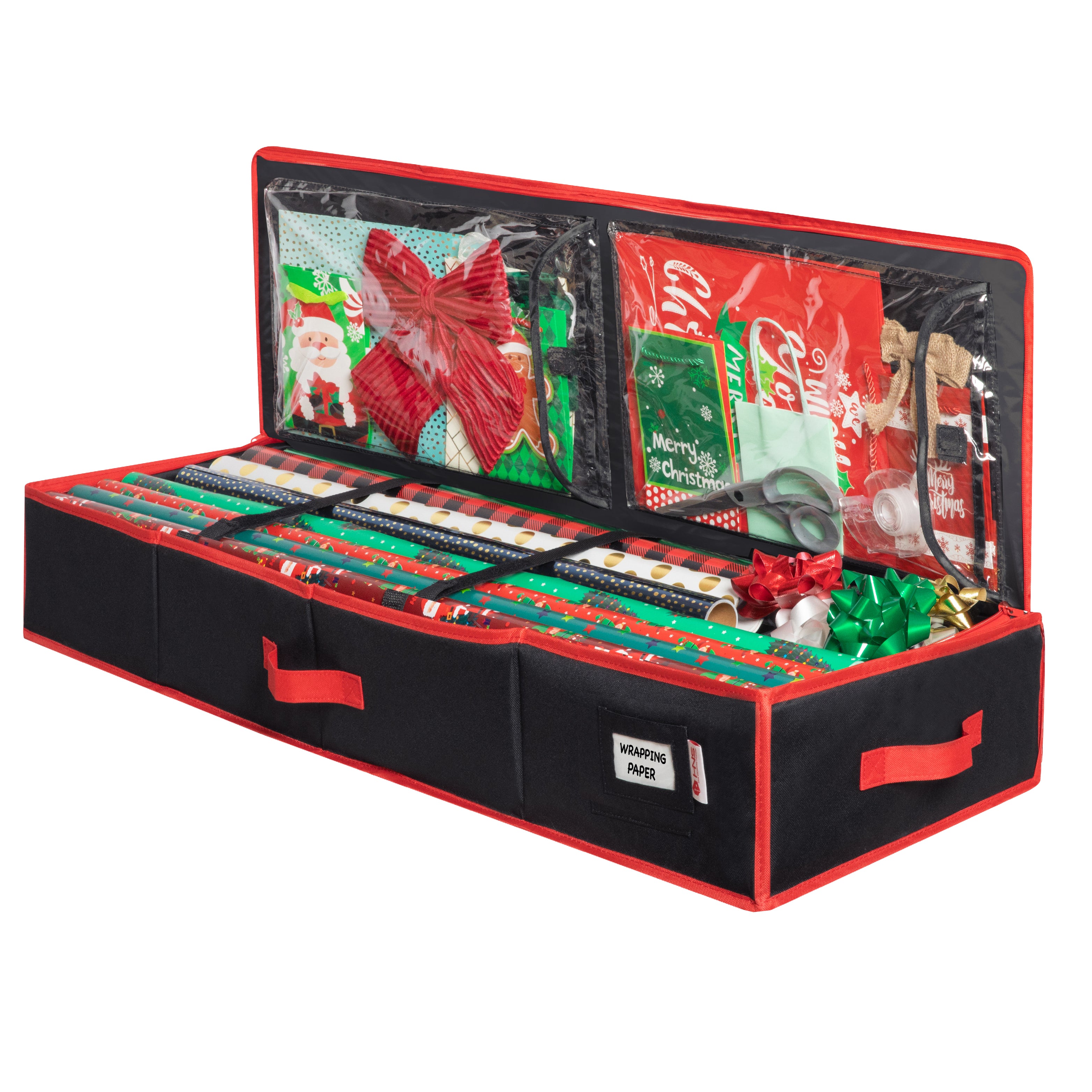 Premium Wrapping Paper Storage Container -Durable Material 600D tear-proof - Fits up to 27 Paper Rolls -Extra Pockets for Ribbons & Bows. Underbed Gift Wrap Organizer, Ideal for Holiday Christmas, etc