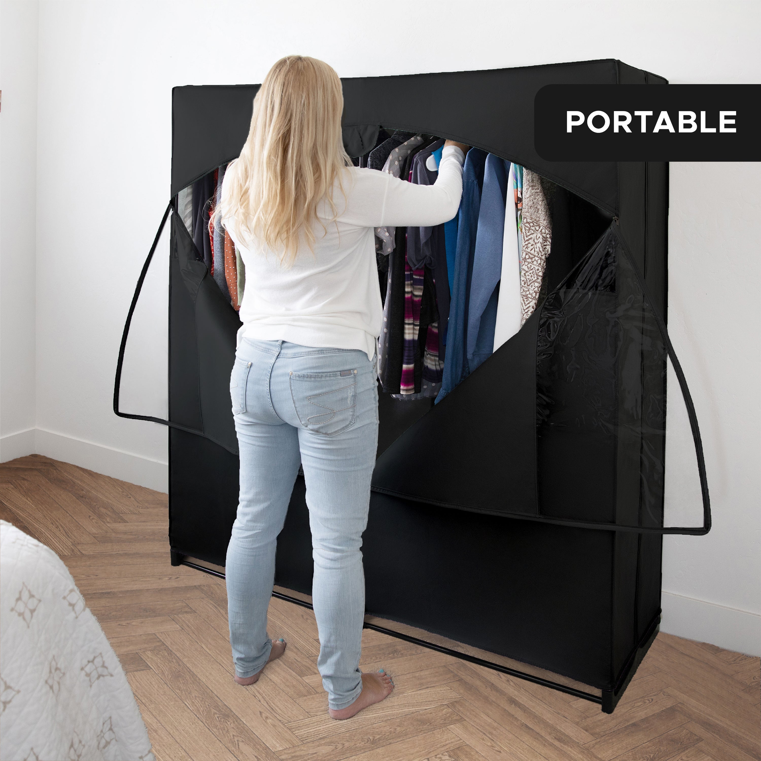 Portable Wardrobe Closet, Heavy Duty Hanging Rod with 50 Lb. Weight Capacity, Super Easy Assembly, No Tools Required