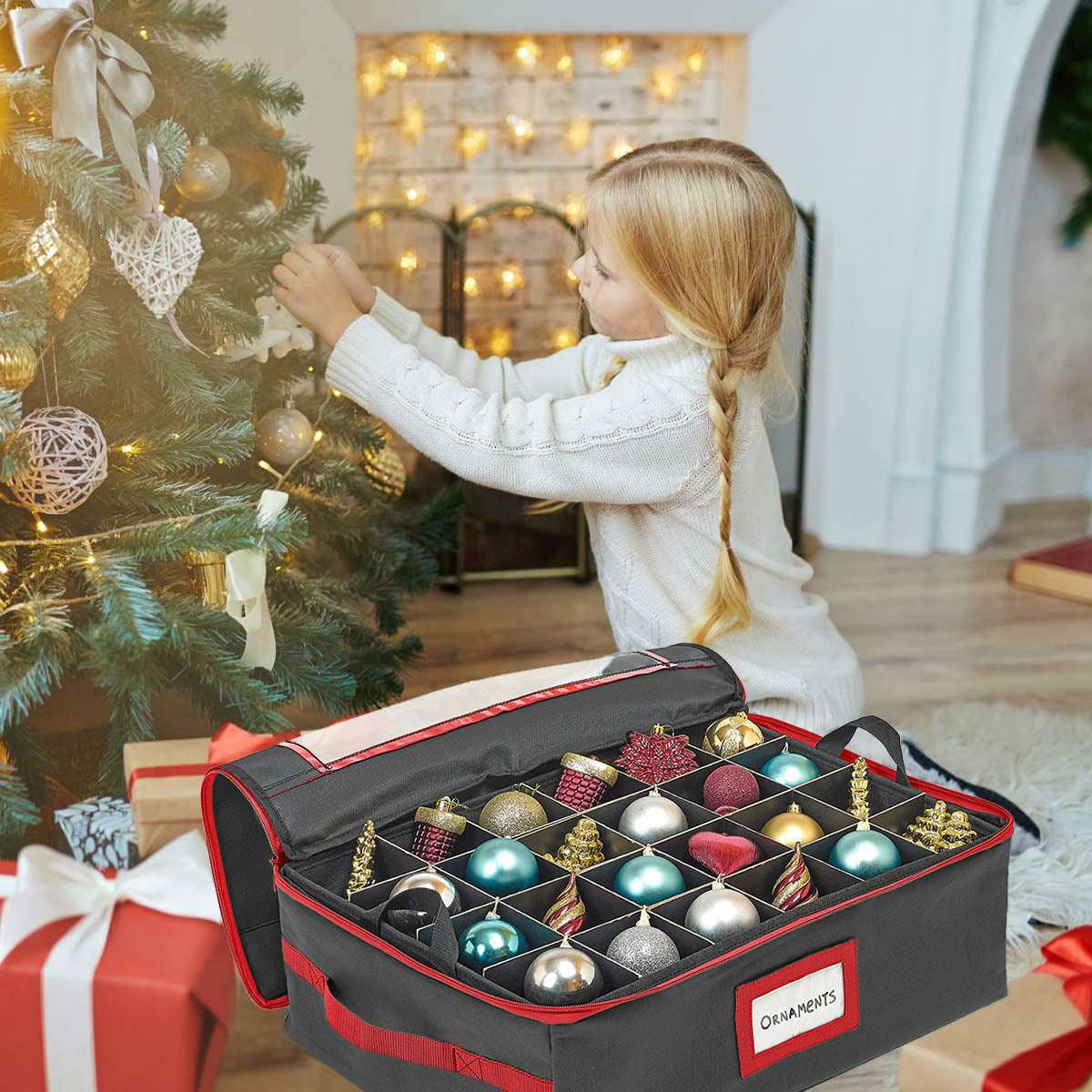Underbed Christmas Ornament Storage Container - Holds up to 48-3" Ornaments – Two Individual Removable Trays w/ Adjustable Dividers to Fit Many Sizes Ornaments Heavy-Duty 600D Ornaments Storage Box