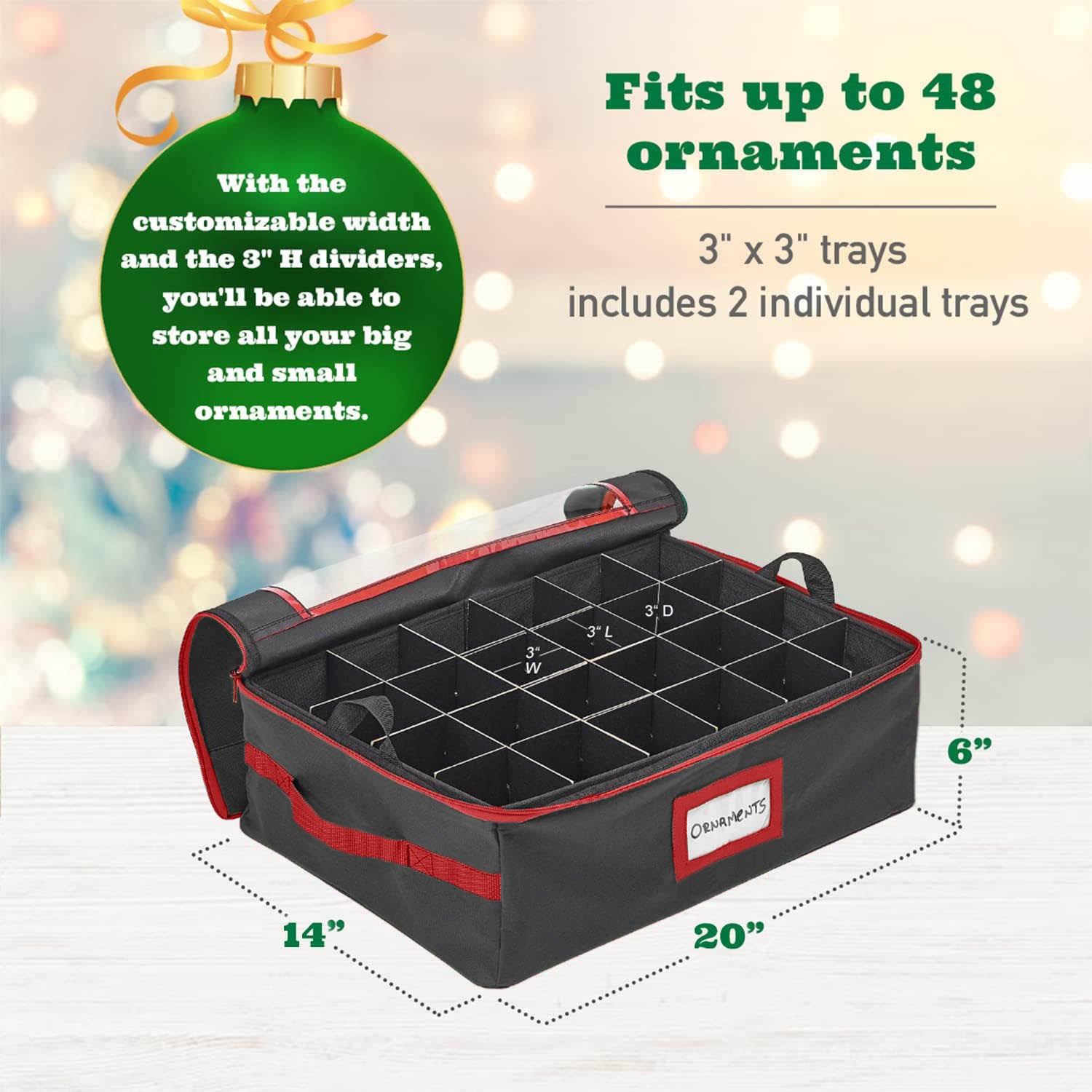 Underbed Christmas Ornament Storage Container - Holds up to 48-3" Ornaments – Two Individual Removable Trays w/ Adjustable Dividers to Fit Many Sizes Ornaments Heavy-Duty 600D Ornaments Storage Box