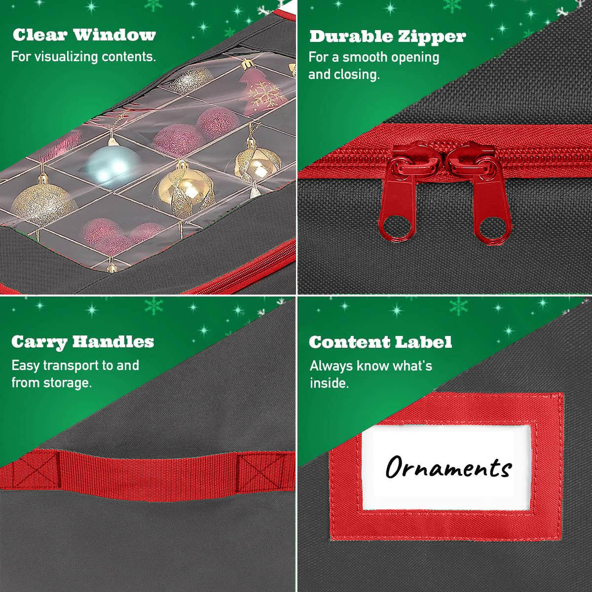 Underbed Christmas Ornament Storage Container - Holds up to 48-3" Ornaments – Two Individual Removable Trays w/ Adjustable Dividers to Fit Many Sizes Ornaments Heavy-Duty 600D Ornaments Storage Box