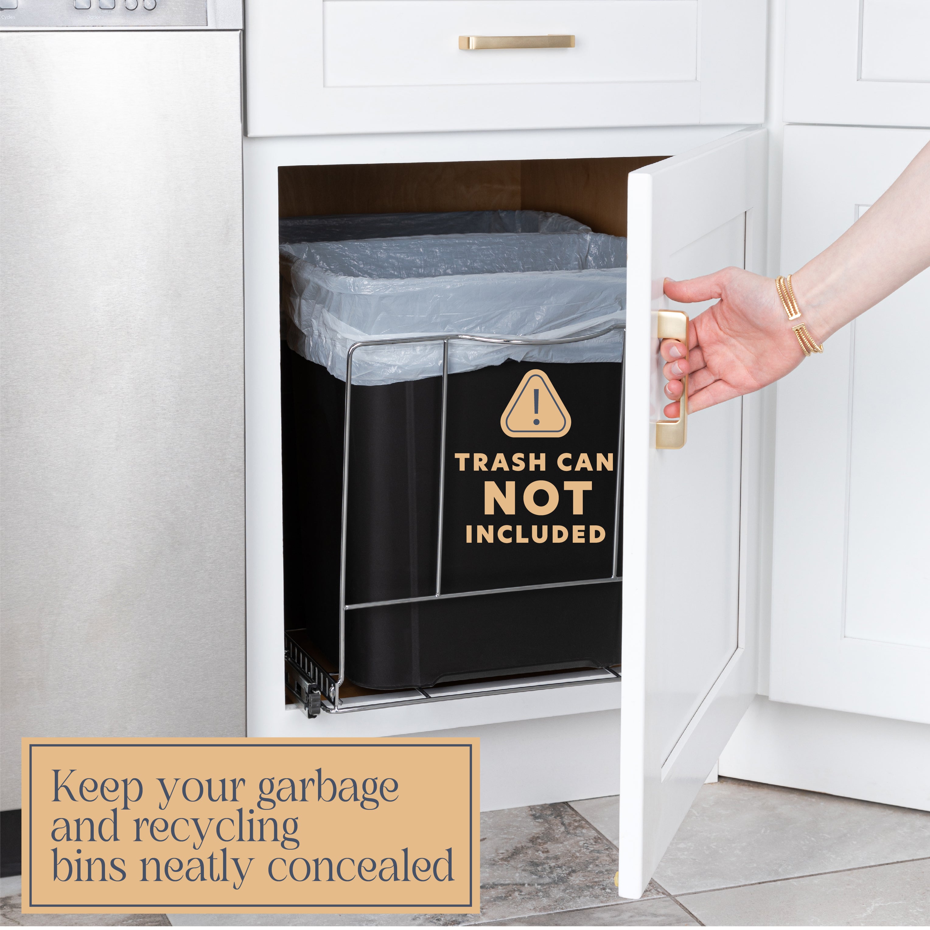 Pull Out Double Trash Can Under Cabinet – Heavy Duty Metal Sliding System with 5 Year Limited Warranty, Adjustable Sliding Garbage Can Shelf -Cans Not Included- fits 2 Waste/Recycling Bins