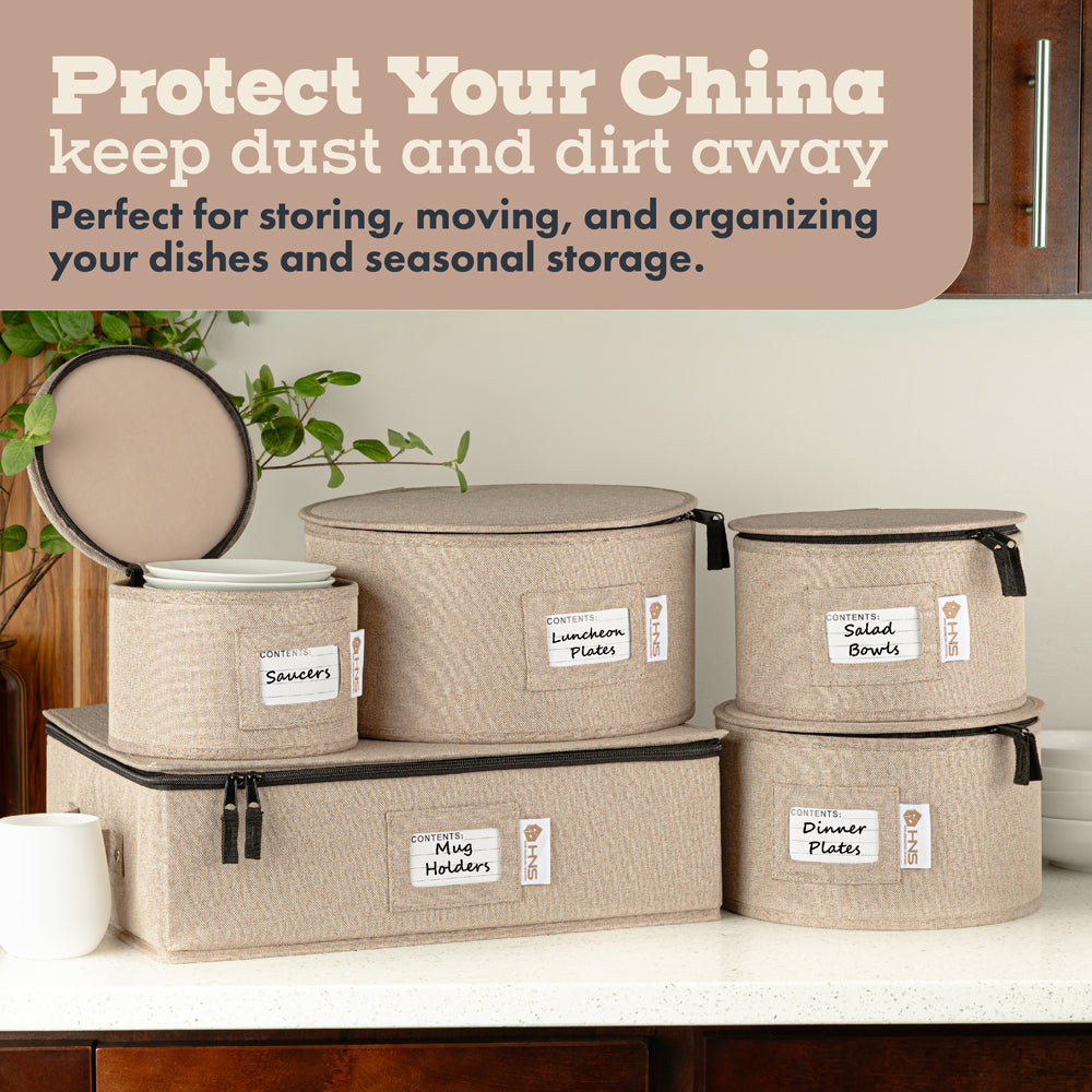 Hard Shell China Storage Containers 5-Piece Set Moving Boxes for Dinnerware, Glasses, Plates, Mugs and Saucers Sturdy Dish Organizer with Dividers for Seasonal Storage - Service for 12