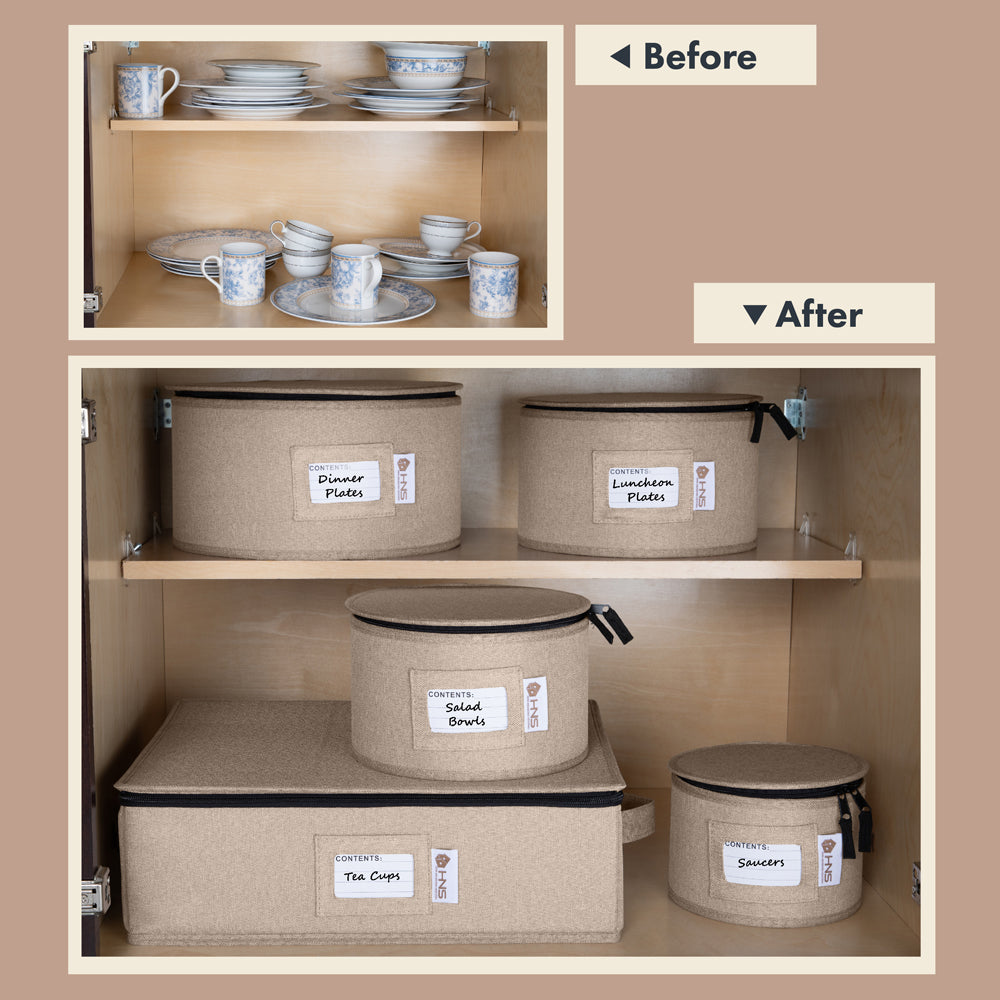 Hard Shell China Storage Containers 5-Piece Set Moving Boxes for Dinnerware, Glasses, Plates, Mugs and Saucers Sturdy Dish Organizer with Dividers for Seasonal Storage - Service for 12