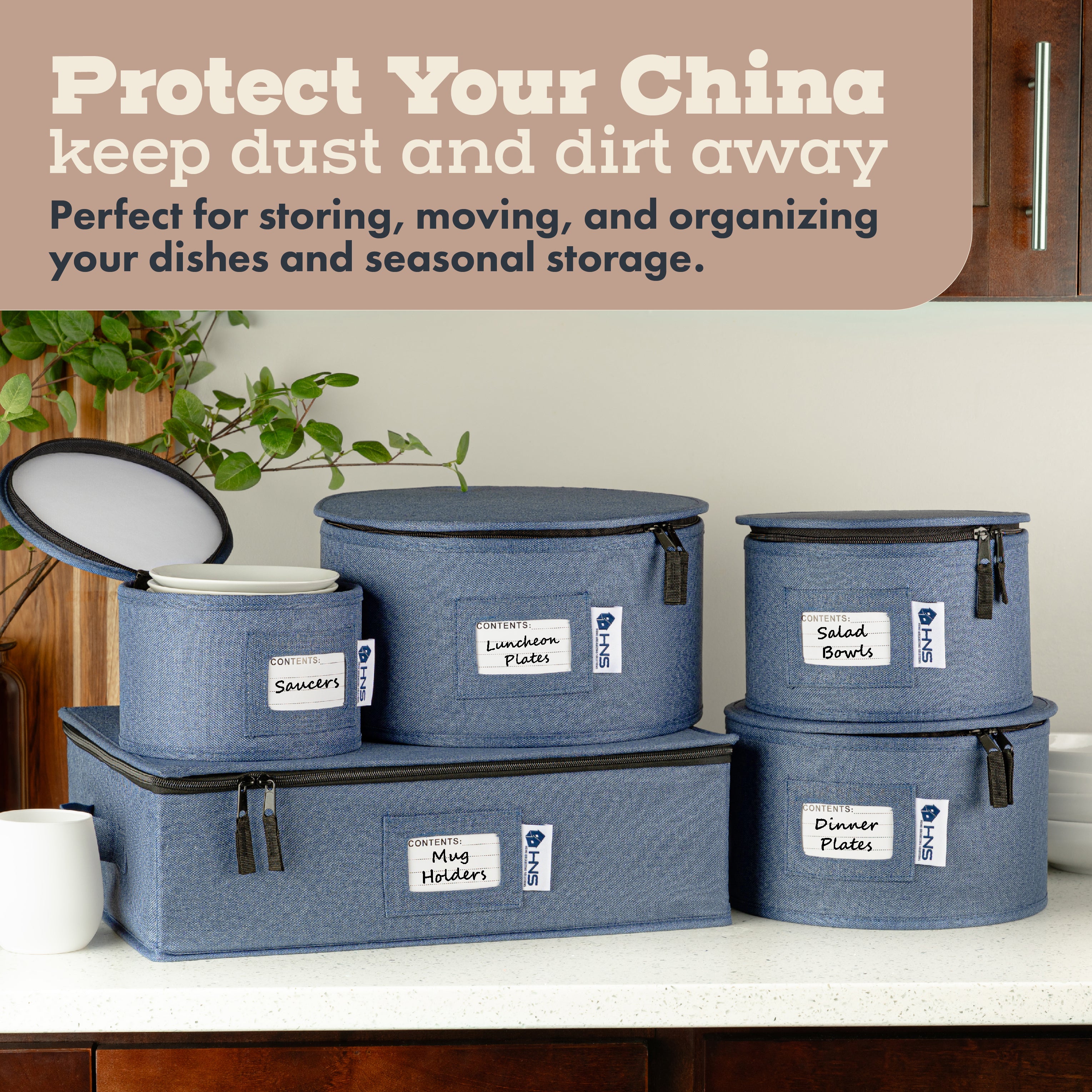Hard Shell China Storage Containers 5-Piece Set Moving Boxes for Dinnerware, Glasses, Plates, Mugs and Saucers Sturdy Dish Organizer with Dividers for Seasonal Storage - Service for 12