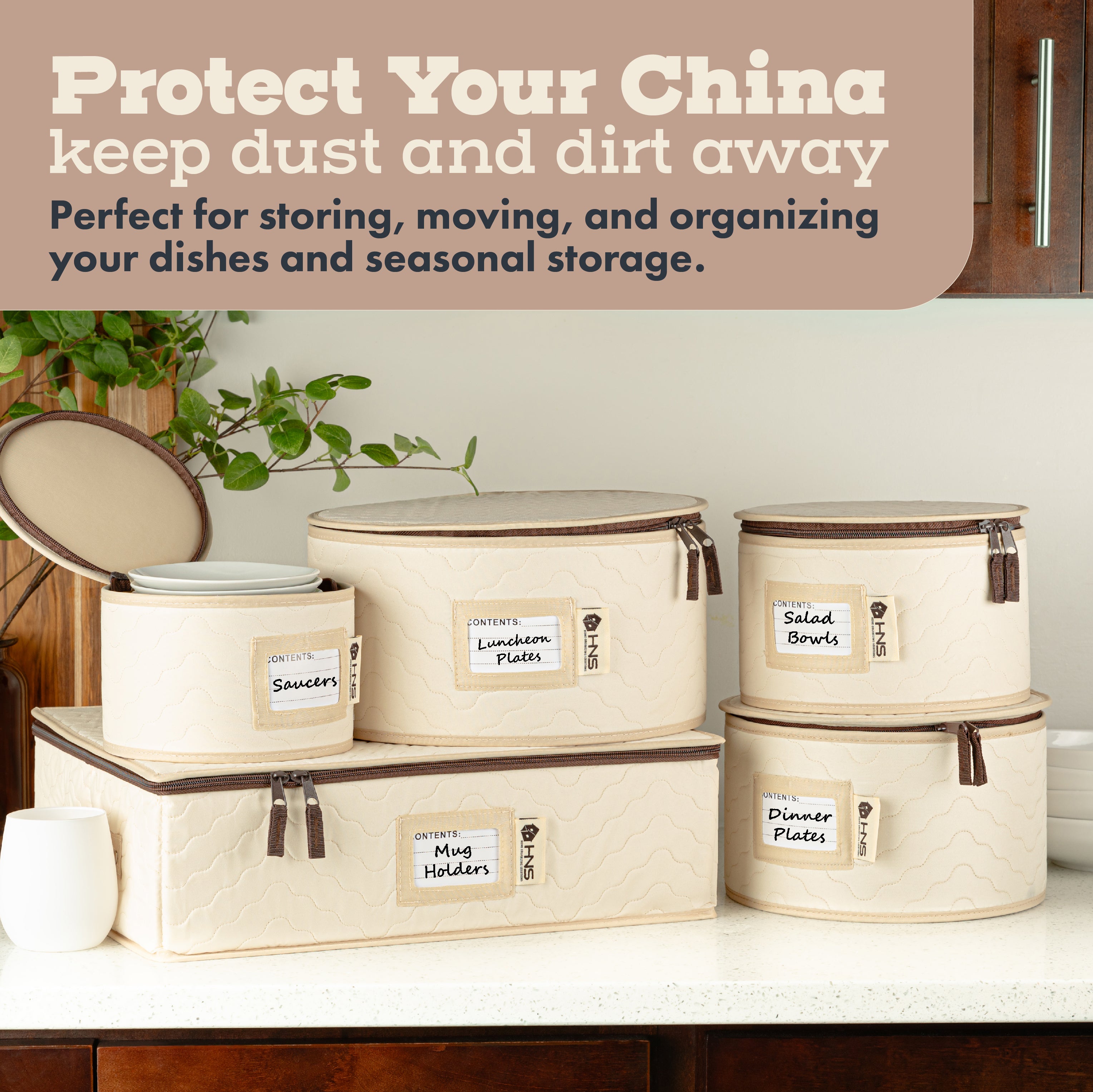 Hard Shell China Storage Containers 5-Piece Set Moving Boxes for Dinnerware, Glasses, Plates, Mugs and Saucers Sturdy Dish Organizer with Dividers for Seasonal Storage - Service for 12