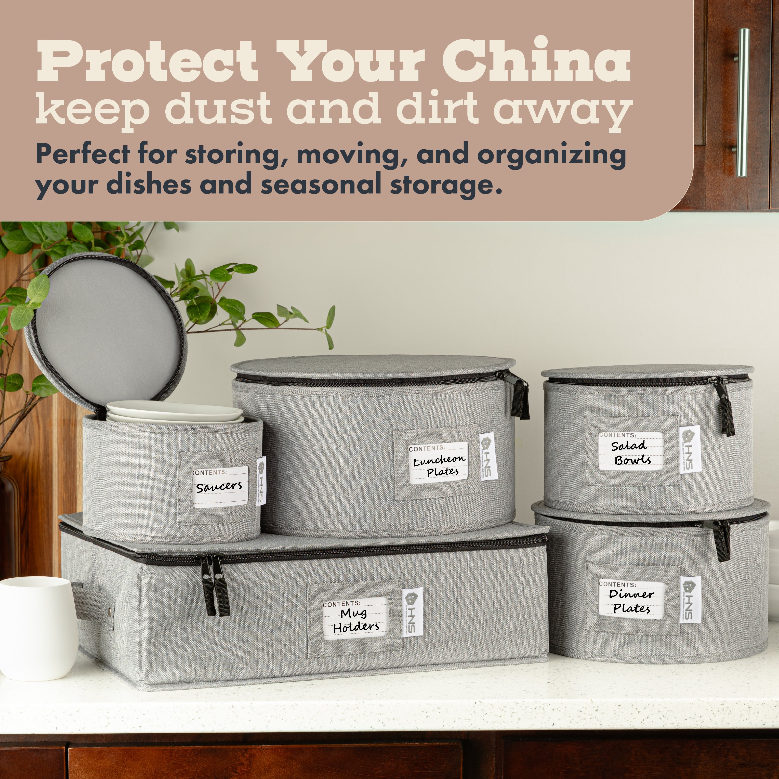 Hard Shell China Storage Containers 5-Piece Set Moving Boxes for Dinnerware, Glasses, Plates, Mugs and Saucers Sturdy Dish Organizer with Dividers for Seasonal Storage - Service for 12