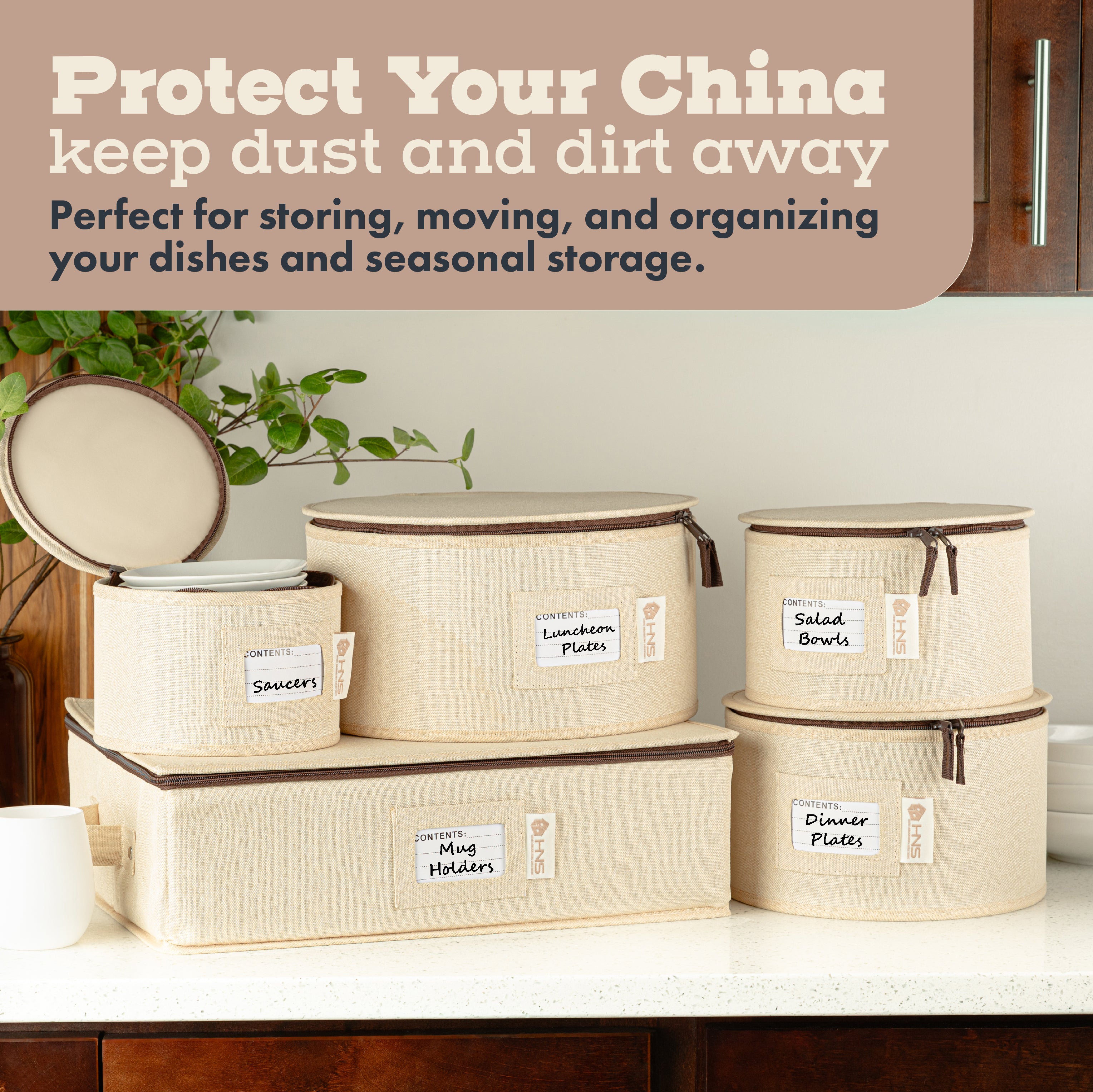 Hard Shell China Storage Containers 5-Piece Set Moving Boxes for Dinnerware, Glasses, Plates, Mugs and Saucers Sturdy Dish Organizer with Dividers for Seasonal Storage - Service for 12