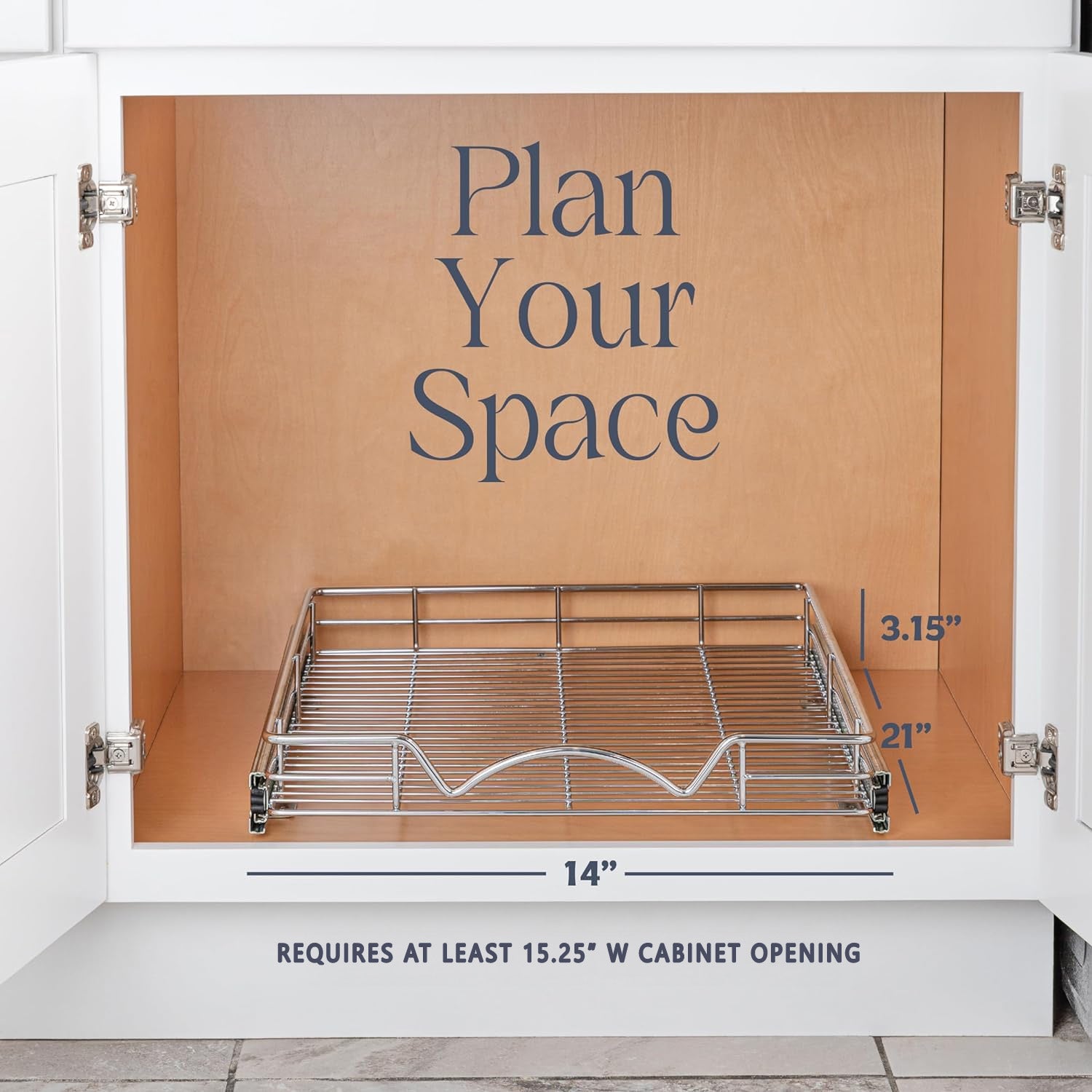 Pull Out Cabinet Organizer 21" Deep, Heavy Duty Caddy with Lifetime Limited Warranty, Chrome Finish
