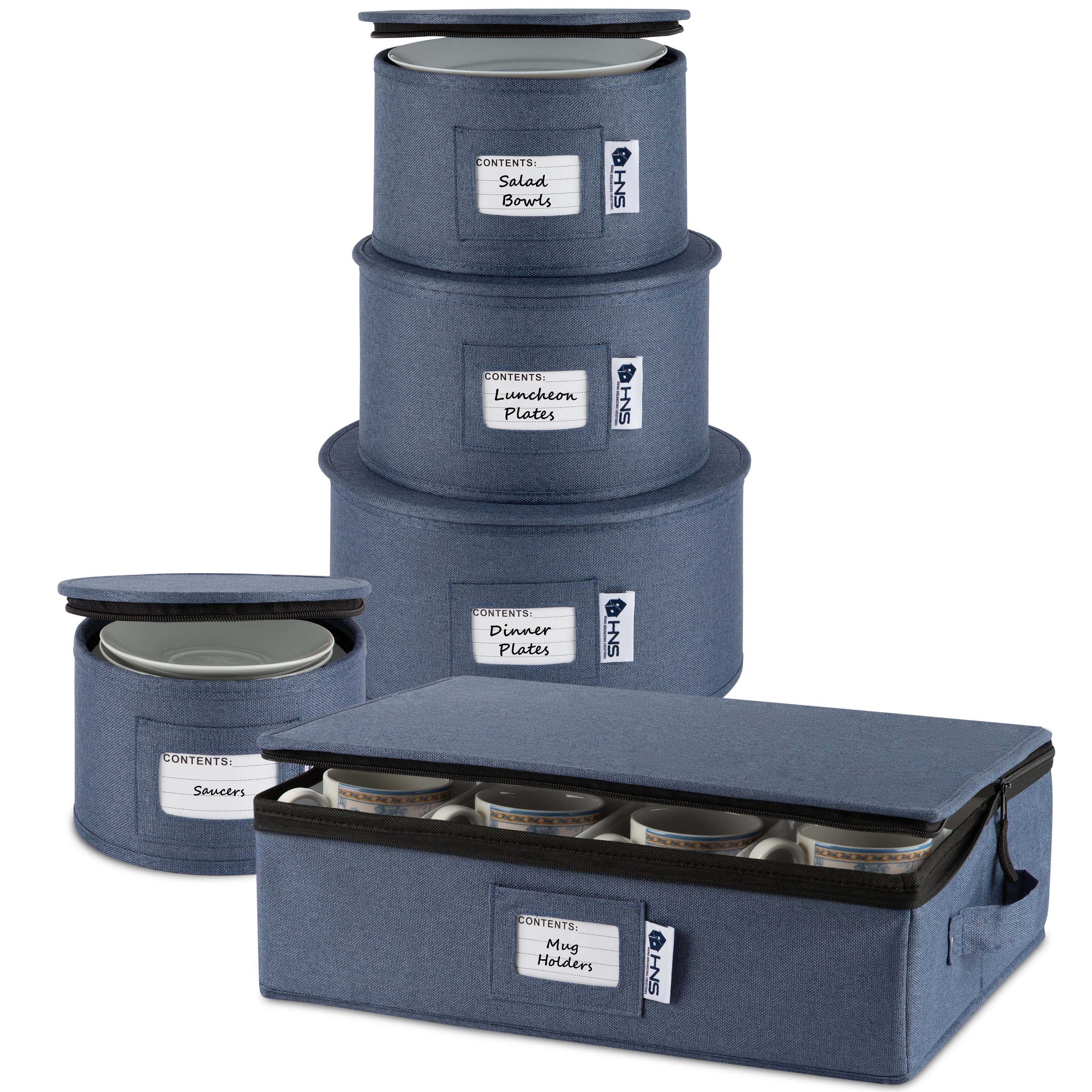 Hard Shell China Storage Containers 5-Piece Set Moving Boxes for Dinnerware, Glasses, Plates, Mugs and Saucers Sturdy Dish Organizer with Dividers for Seasonal Storage - Service for 12