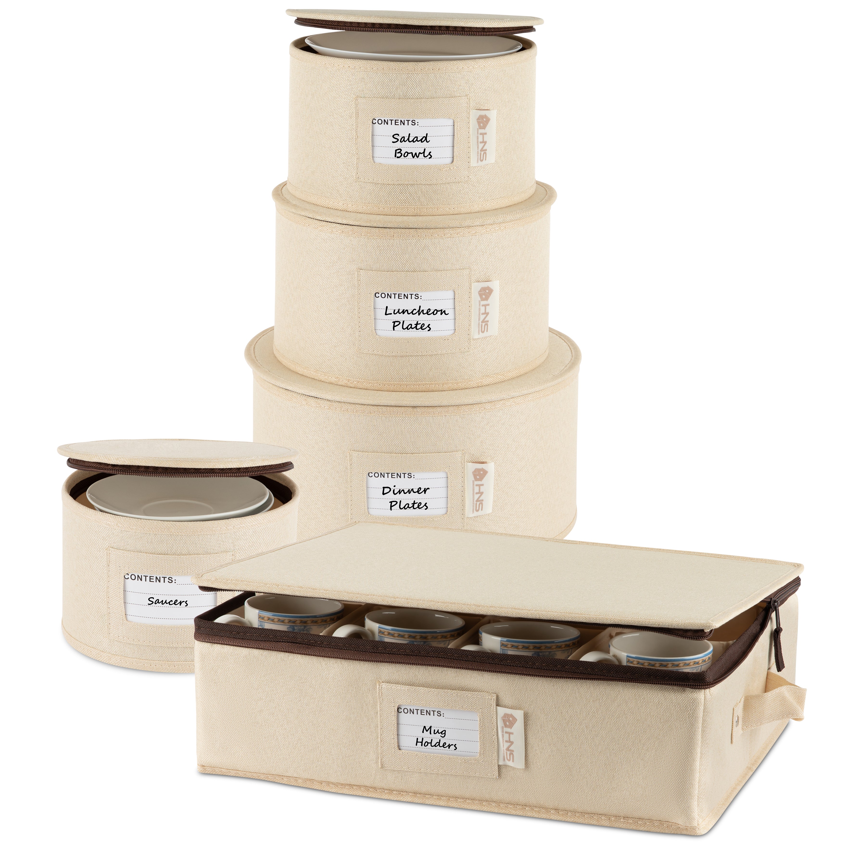 Hard Shell China Storage Containers 5-Piece Set Moving Boxes for Dinnerware, Glasses, Plates, Mugs and Saucers Sturdy Dish Organizer with Dividers for Seasonal Storage - Service for 12
