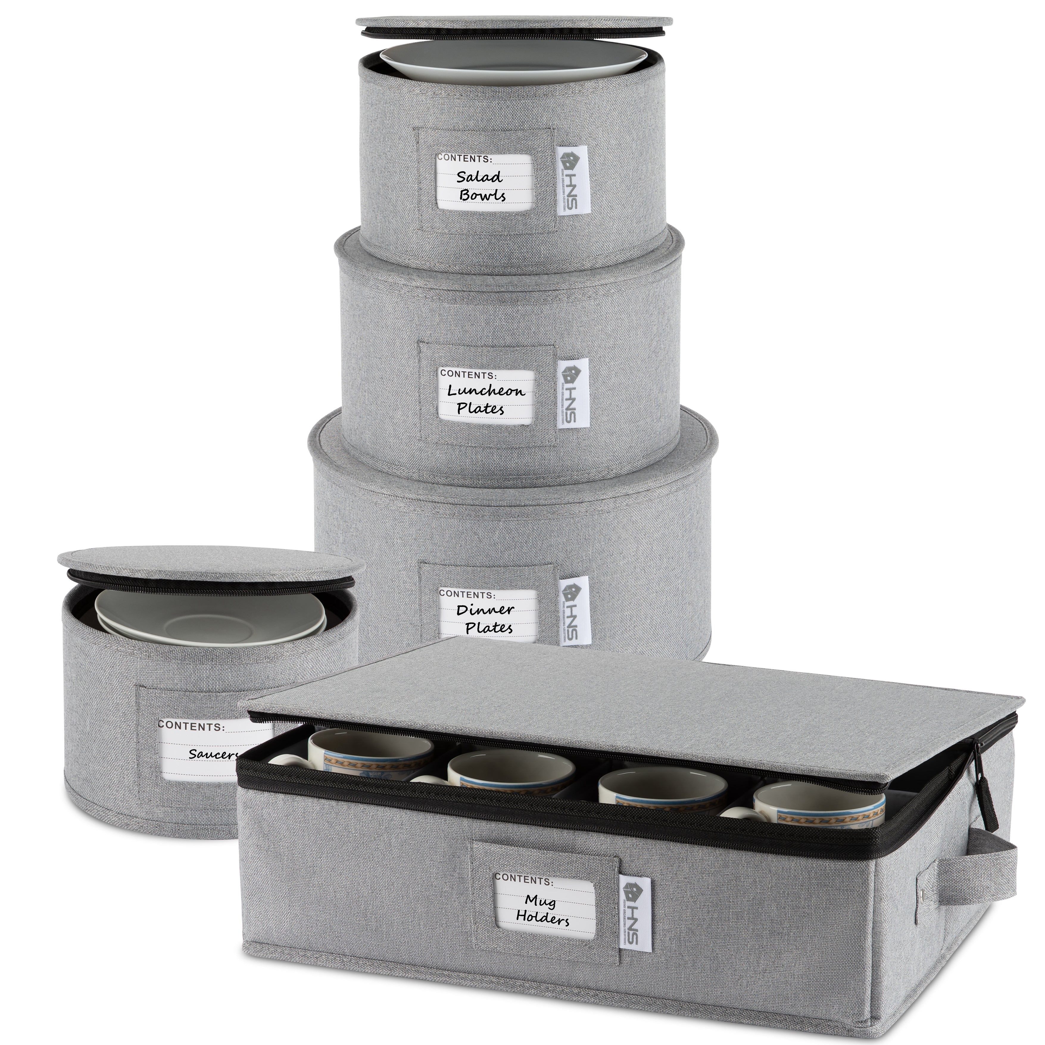 Hard Shell China Storage Containers 5-Piece Set Moving Boxes for Dinnerware, Glasses, Plates, Mugs and Saucers Sturdy Dish Organizer with Dividers for Seasonal Storage - Service for 12