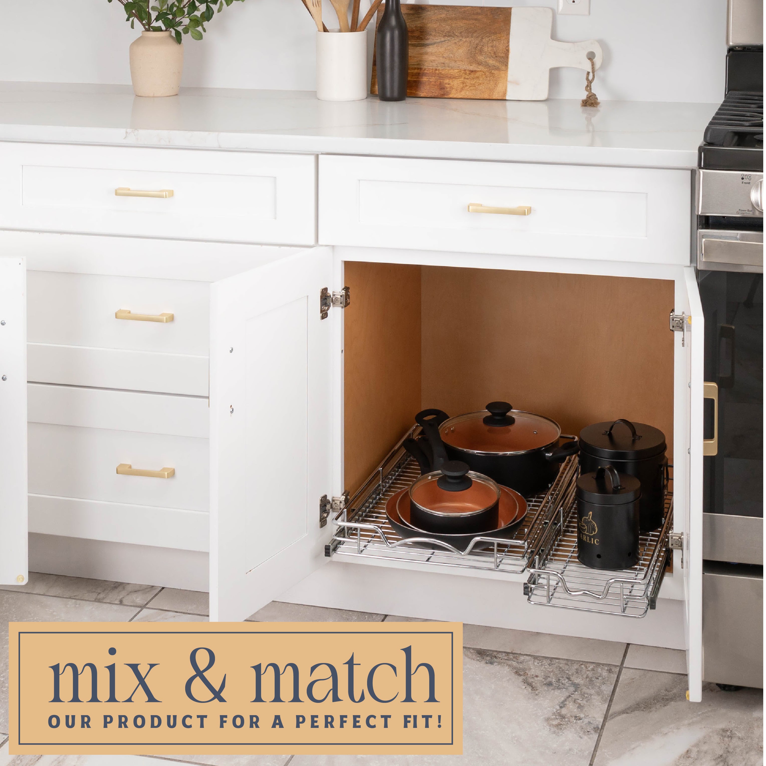 Pull Out Cabinet Organizer 21" Deep, Heavy Duty Caddy with Lifetime Limited Warranty, Chrome Finish