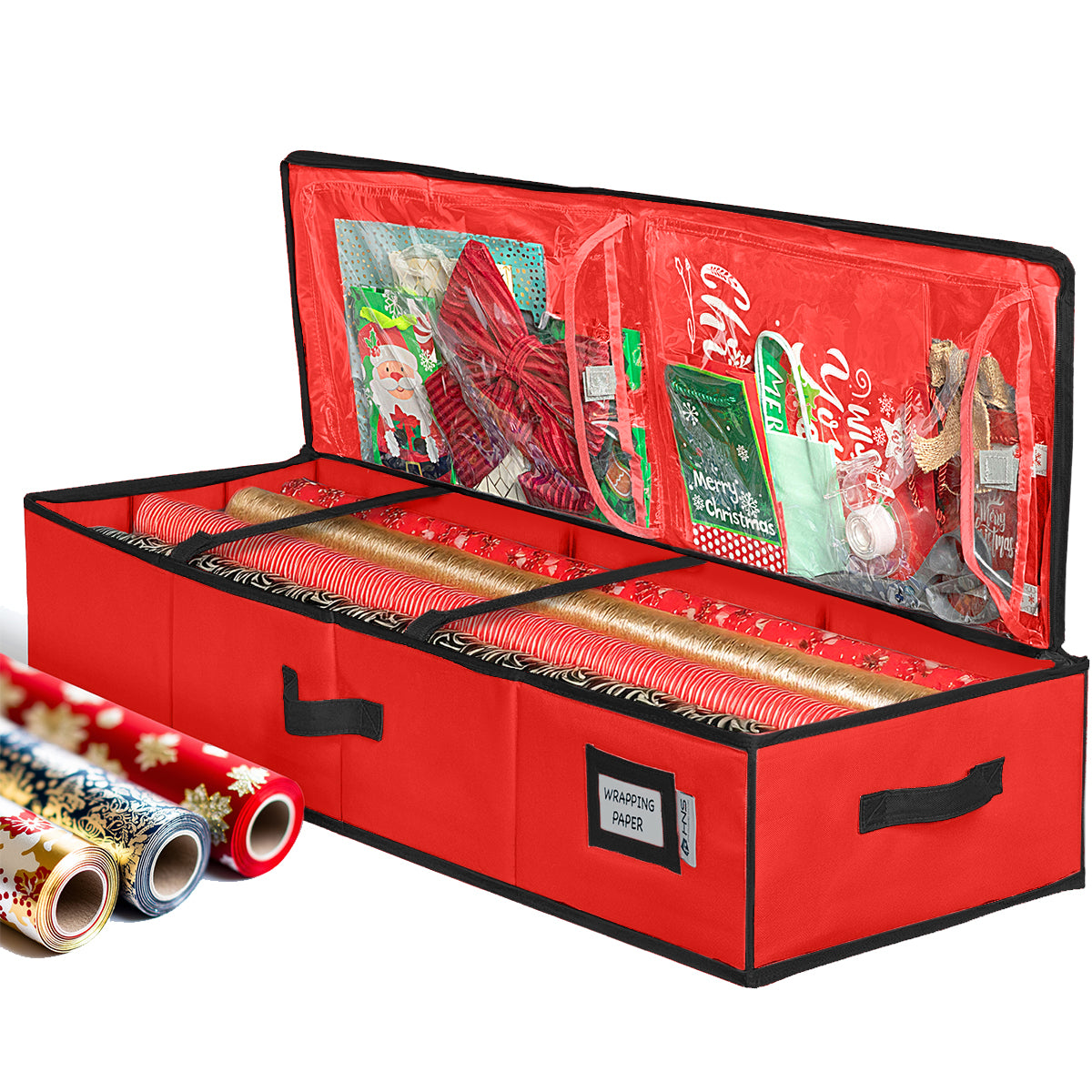 Premium Wrapping Paper Storage Container -Durable Material 600D tear-proof - Fits up to 27 Paper Rolls -Extra Pockets for Ribbons & Bows. Underbed Gift Wrap Organizer, Ideal for Holiday Christmas, etc