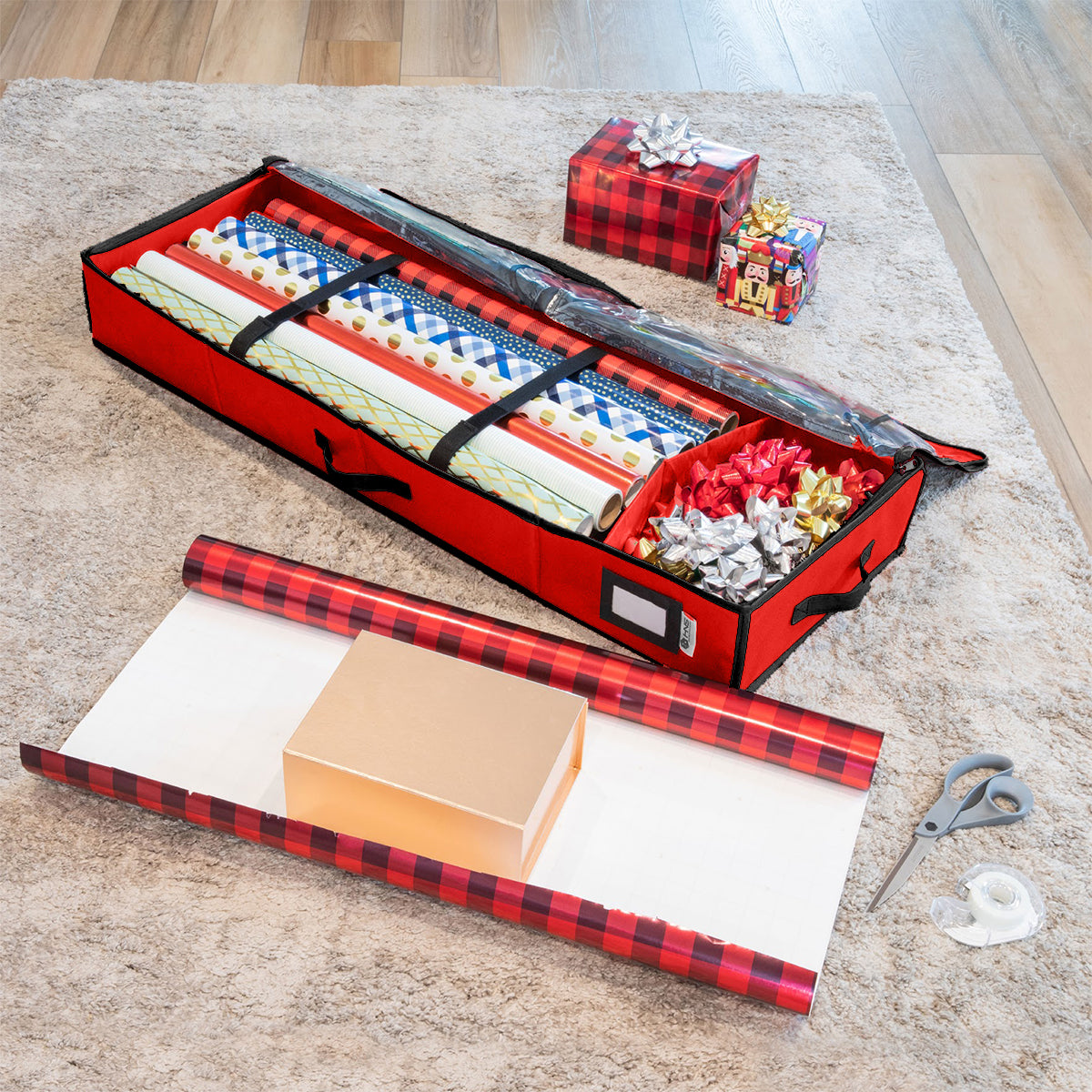 Premium Wrapping Paper Storage Container -Durable Material 600D tear-proof - Fits up to 27 Paper Rolls -Extra Pockets for Ribbons & Bows. Underbed Gift Wrap Organizer, Ideal for Holiday Christmas, etc