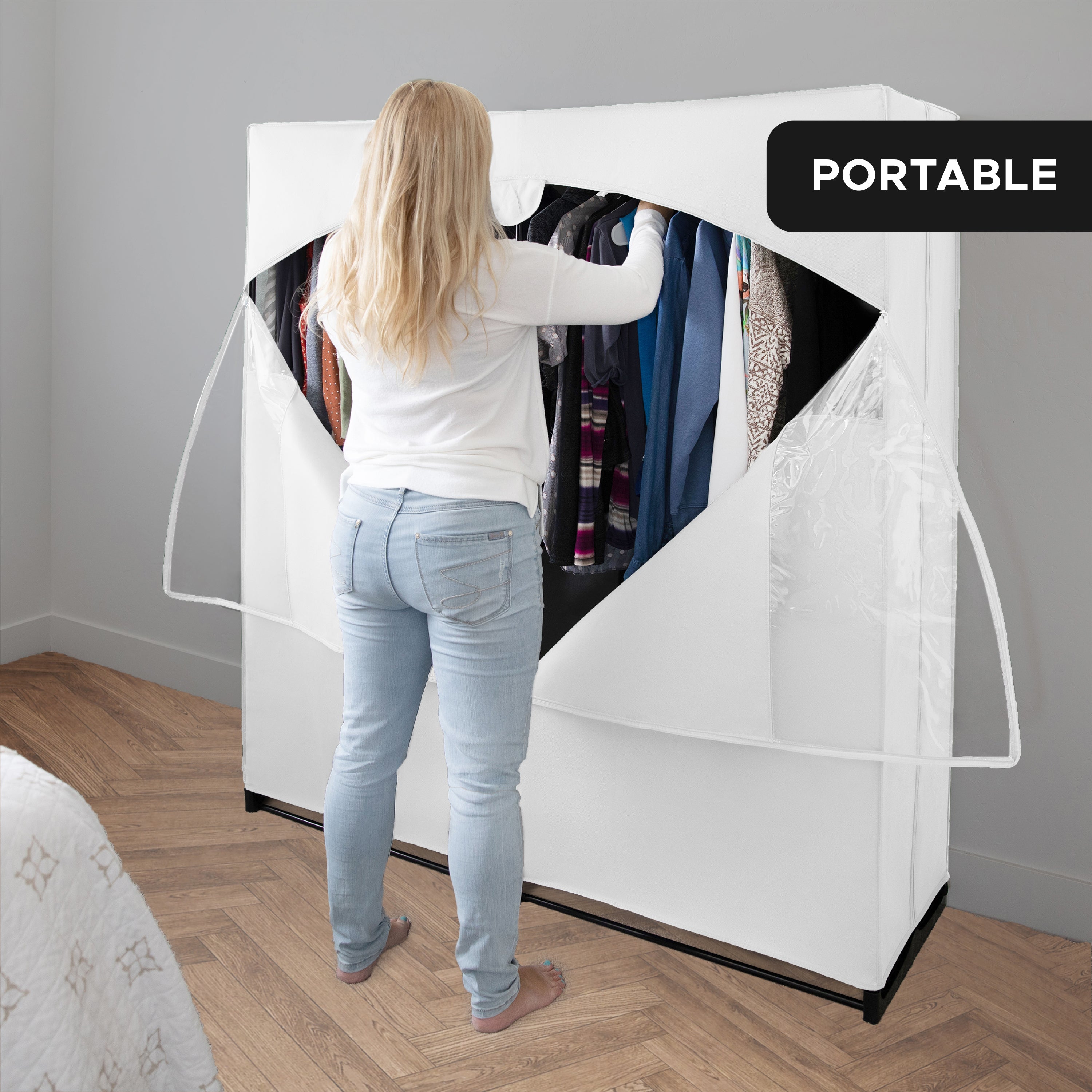 Portable Wardrobe Closet, Heavy Duty Hanging Rod with 50 Lb. Weight Capacity, Super Easy Assembly, No Tools Required