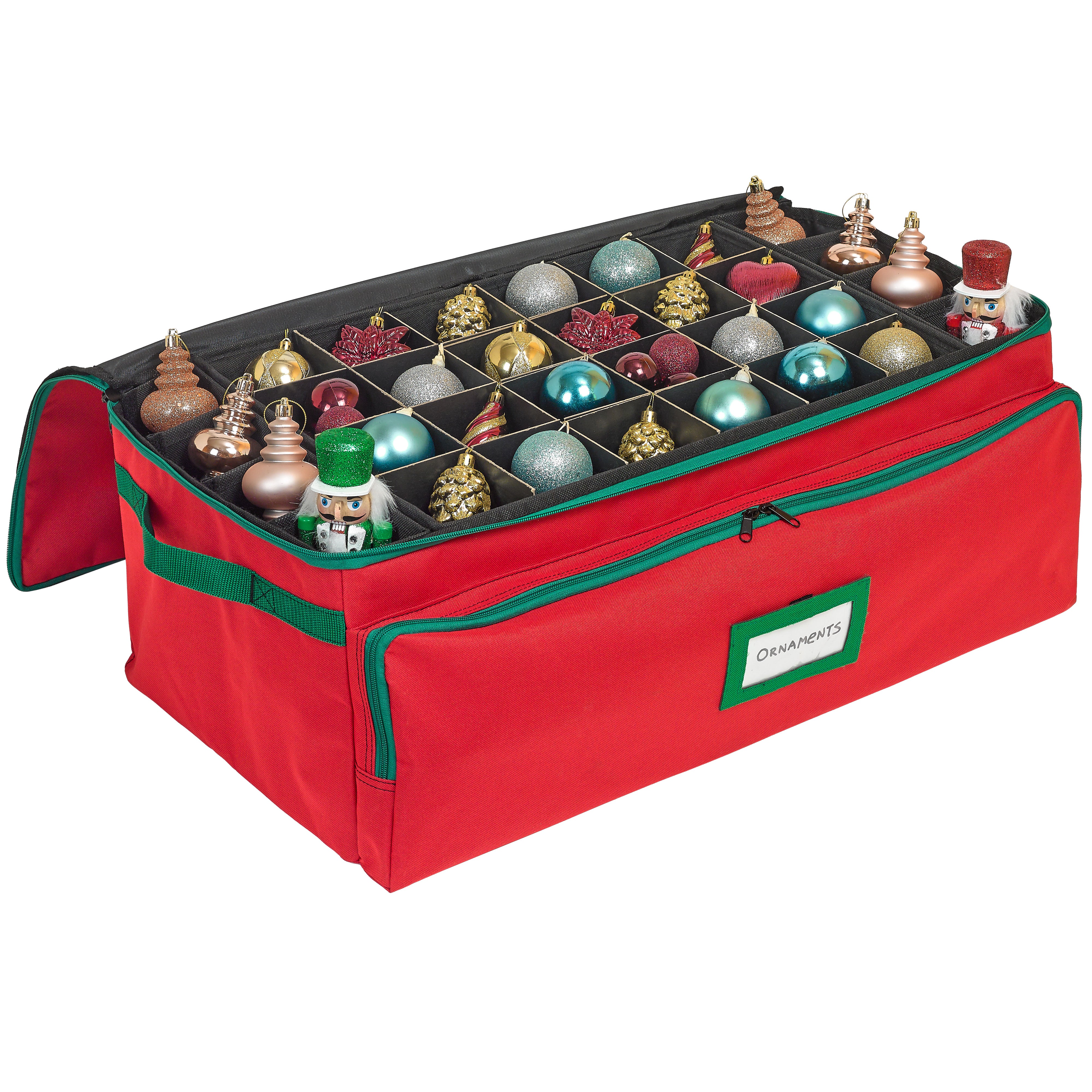 Christmas Ornament Storage Box - Hold Up to 72 - 3 Inch Ornaments, + 8 Side Slots for Figurines, Nutcrackers, etc. Decoration Organizer - 600D Canvas.