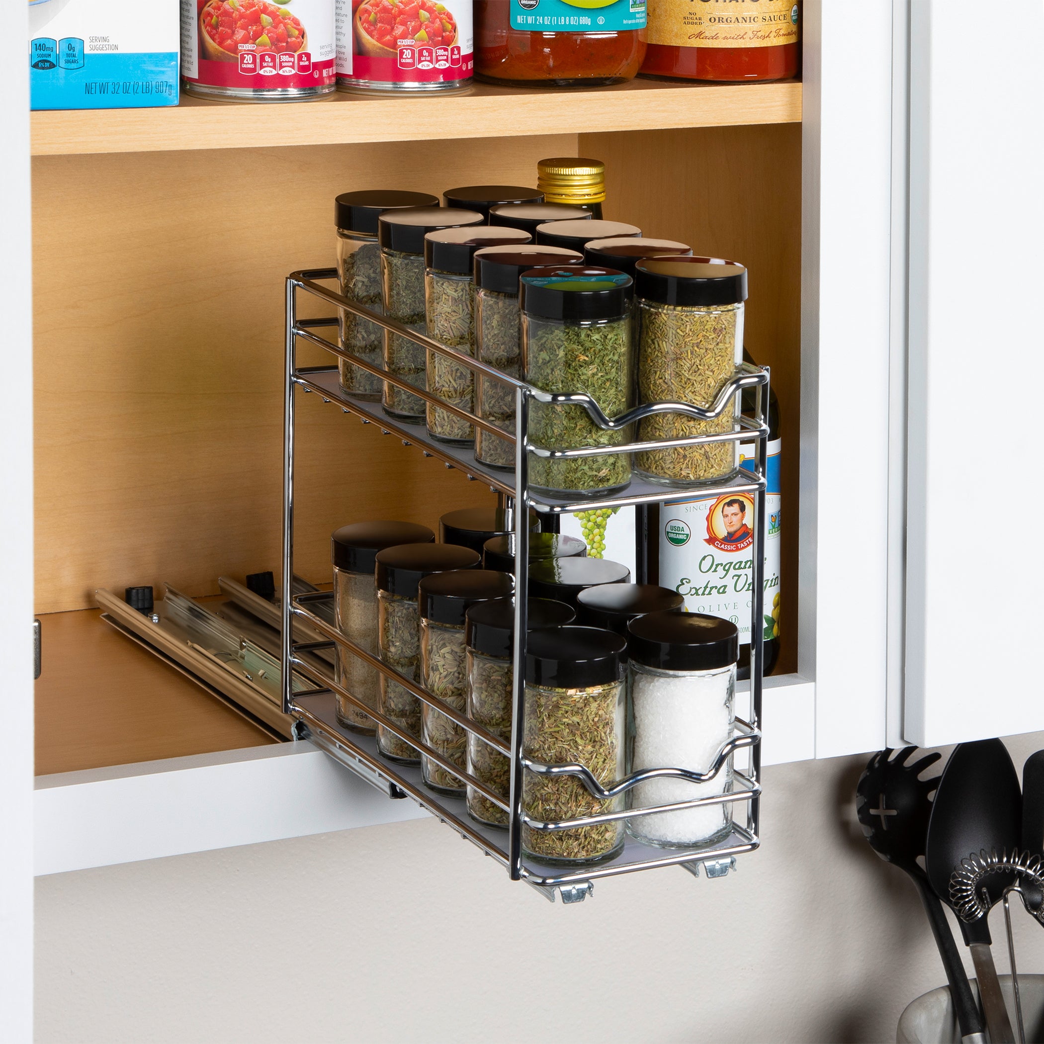 Pull Out Cabinet Organizer for Spices, Cans 2 Tier - Heavy Duty with Lifetime Limited Warranty