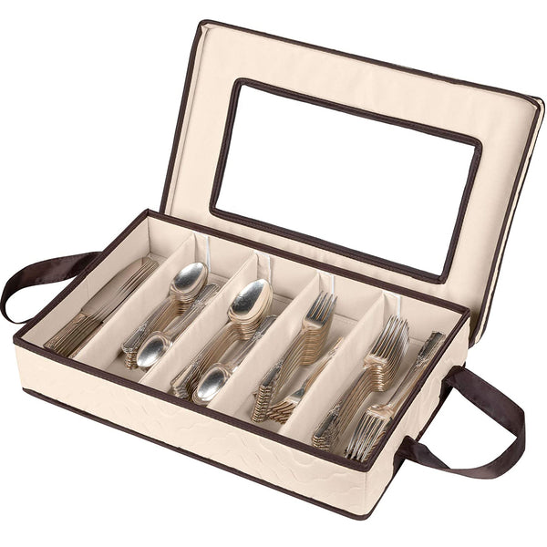 Flatware Storage Case - Tableware Utensil Chest - Durable 5 Compartment Silverware Container with Removable Lid and Easy to Carry Handles - Large Capacity Keeps Your Cutlery Organized and Protected